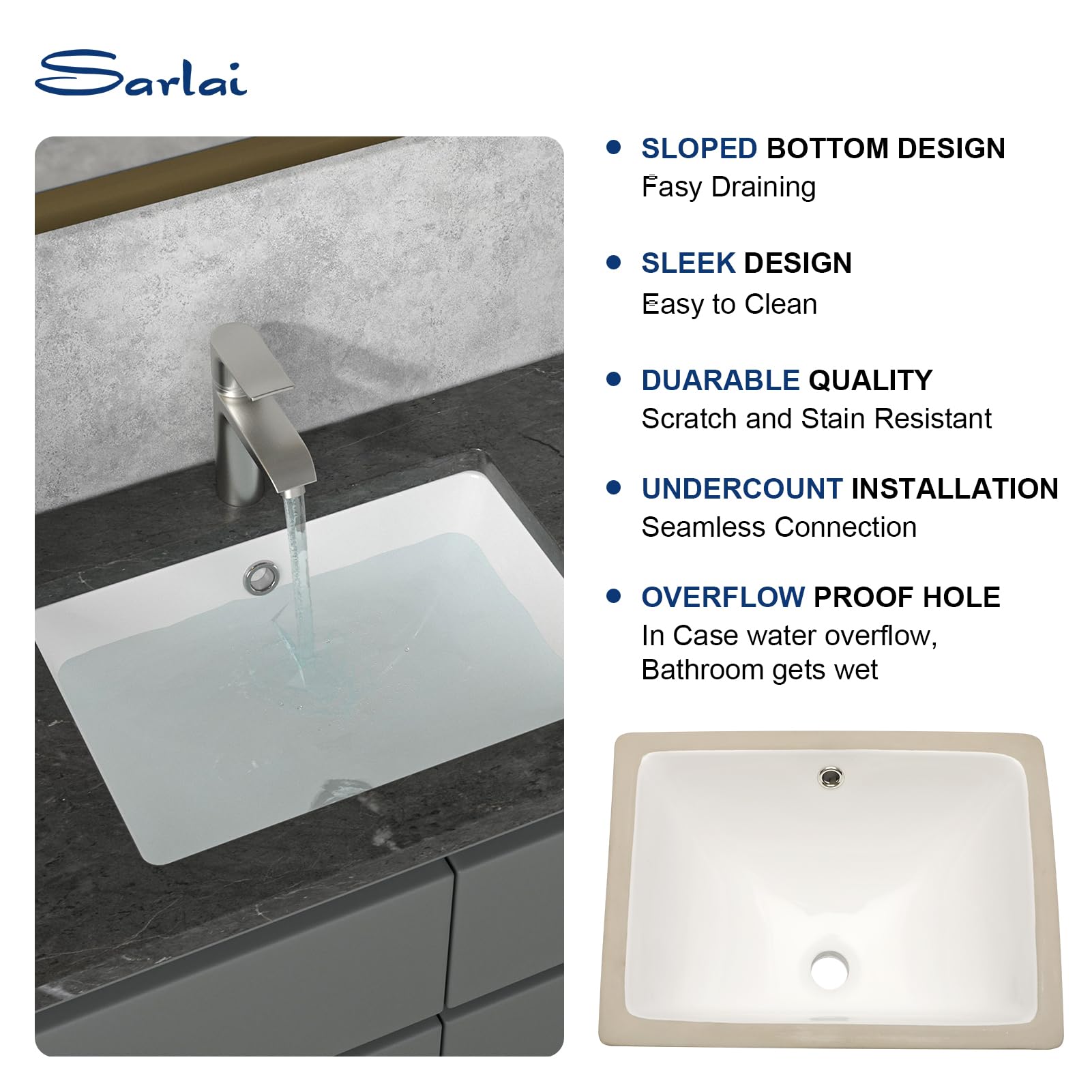 Sarlai 20in Undermount Pure White Porcelain Ceramic Lavatory Vanity Vessel Sink