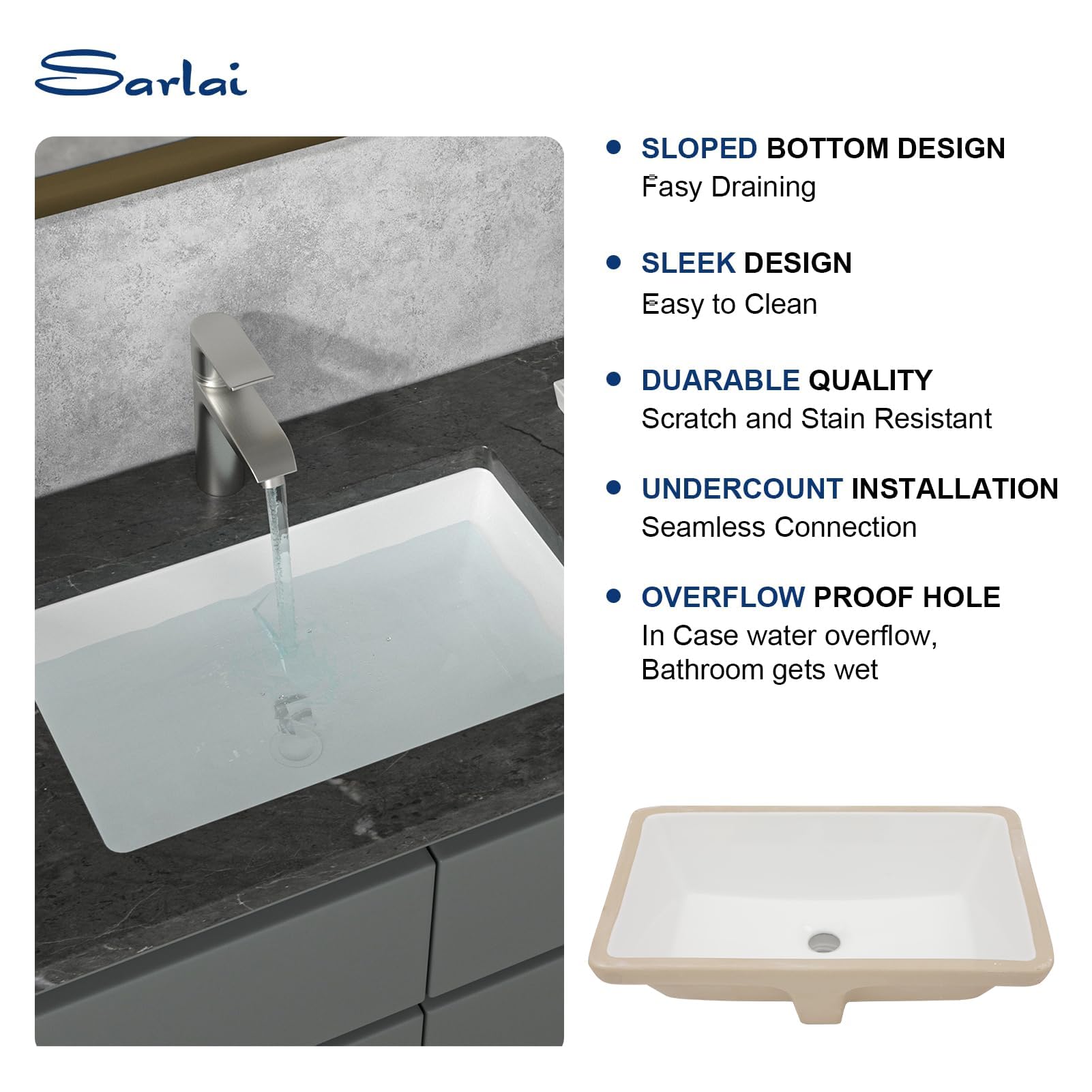 Sarlai 21in White Ceramic Rectangular Undermount Bathroom Vessel Sink with Overflow