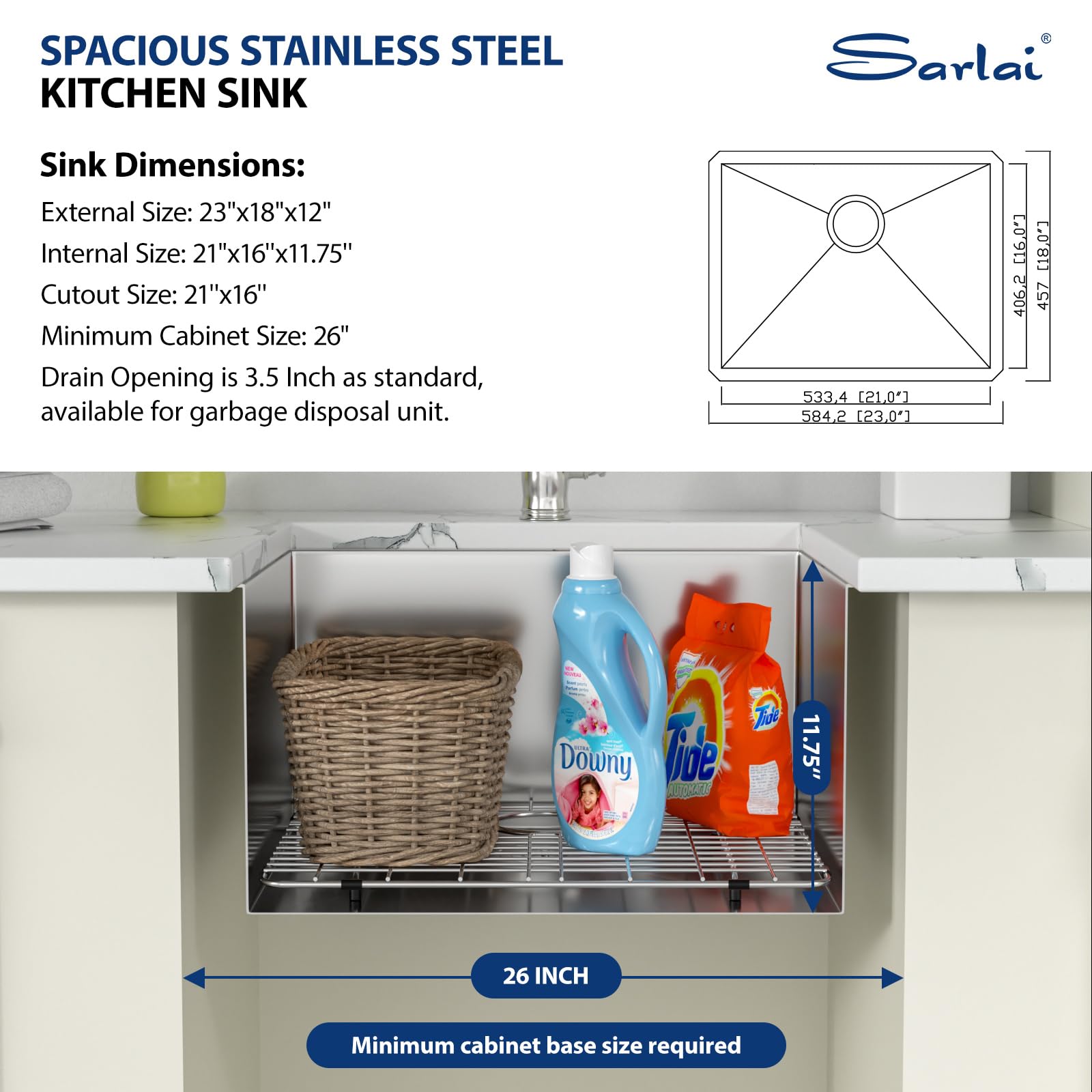 Sarlai 23 Undermount Laundry Sink - 23x18x12 Inch Undermount Utility Sink Rectangular Deep Single Bowl 16 Gauge Stainless Steel Under Counter Kitchen Laundry Tub Utility Sink Basin