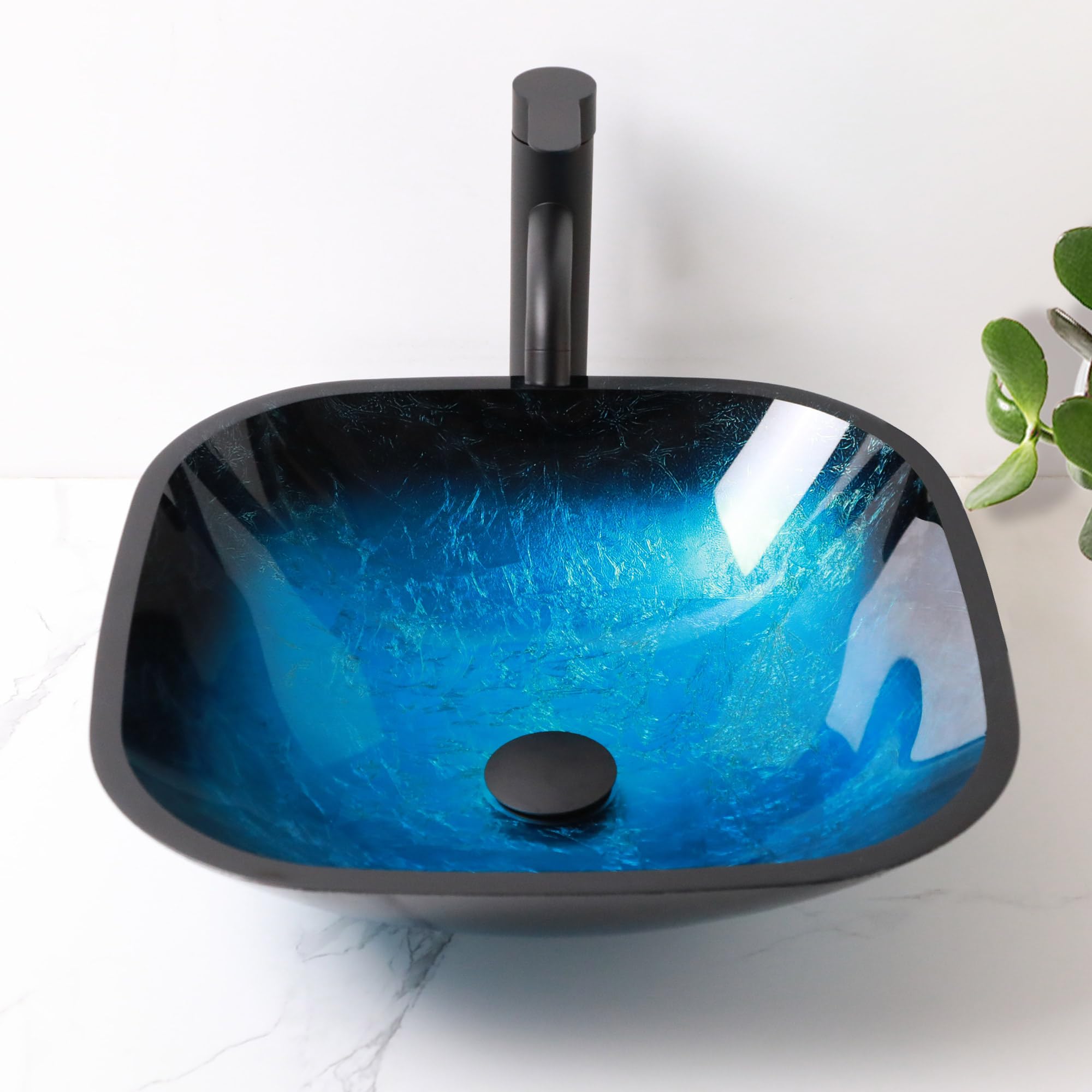 Sarlai 16.75''x16.75'' Matte Black Square Tempered Glass Bathroom Vessel Sink, Countertop Basin with Faucet & Pop-up Drain Combo