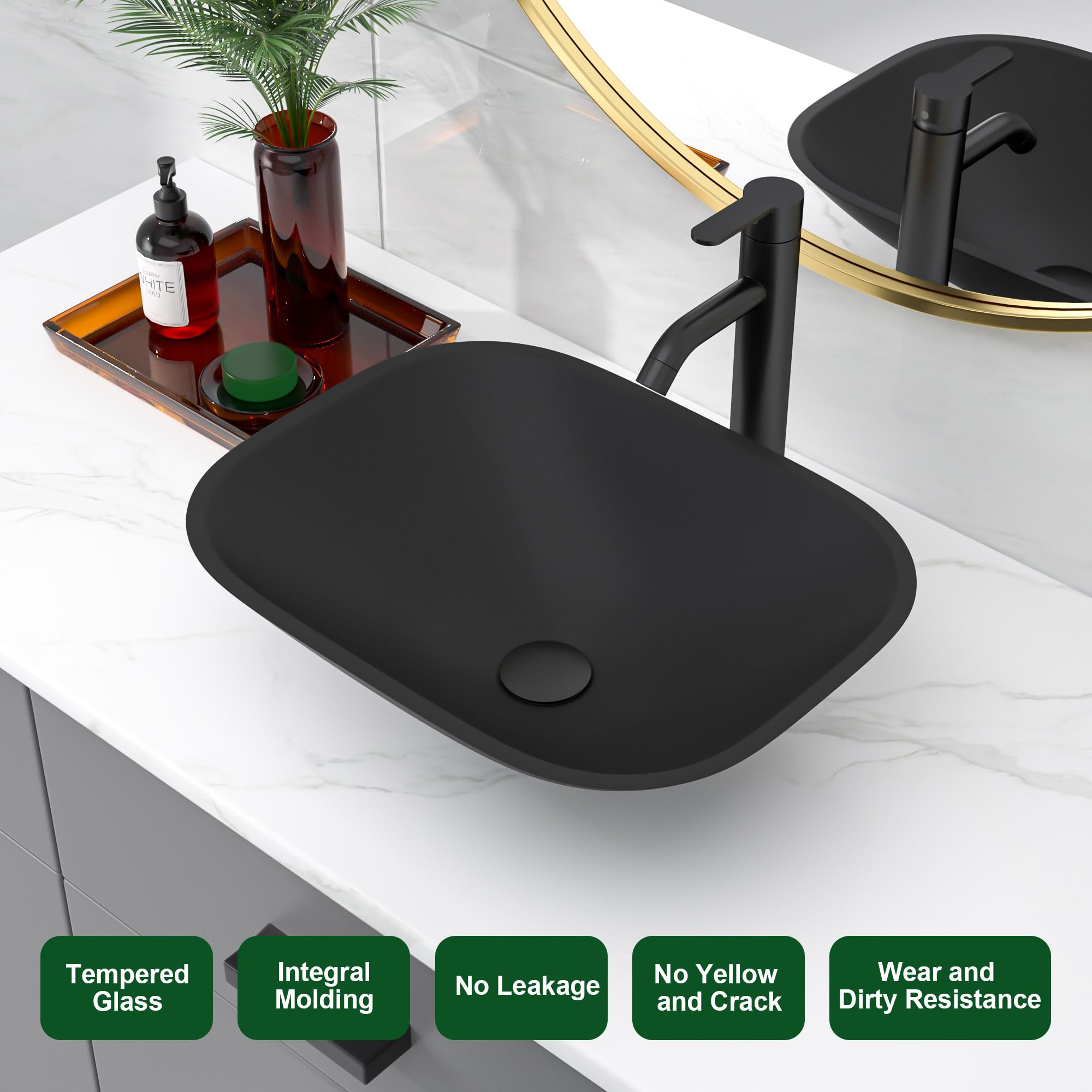 Sarlai 18.5''x14.38'' Matte Black Tempered Glass Bathroom Vessel Sink, Countertop Basin with Faucet & Pop-up Drain Combo