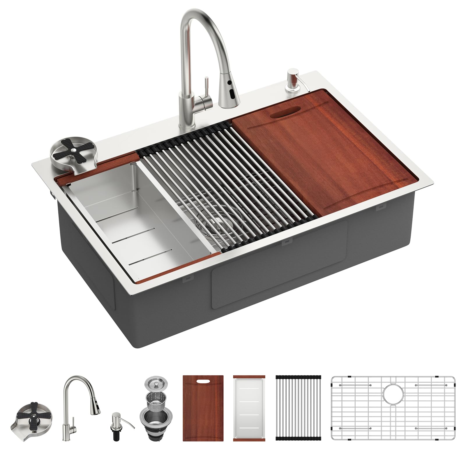Sarlai 33''x22'' Drop-In Workstation Stainless Steel Sink, 16 Gauge Topmount Single Bowl with Cup Rinser, Soap Dispenser & Kitchen Faucet Main image