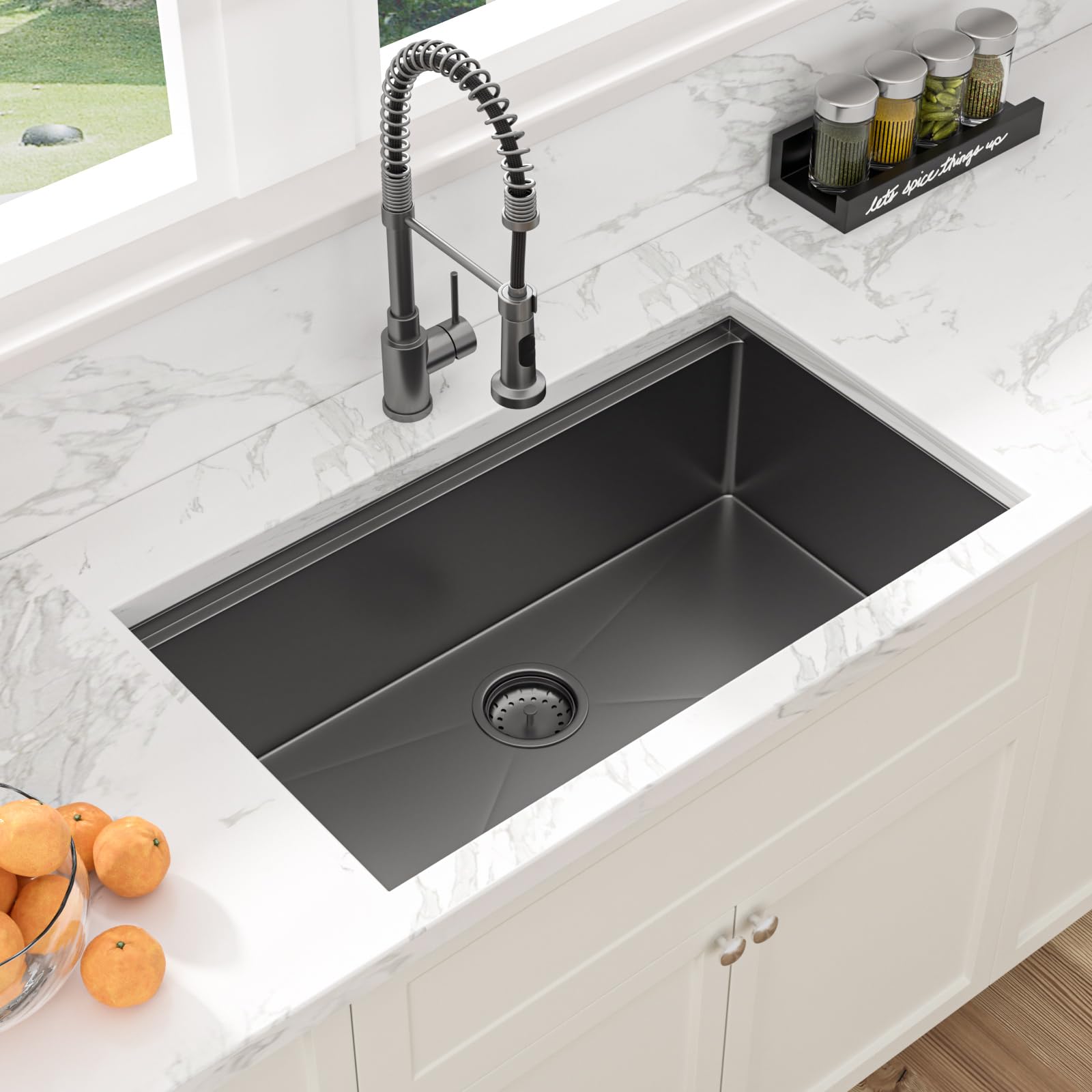 Sarlai 30in Undermount Gunmetal Black Single Bowl Stainless Steel Workstation Kitchen Sink