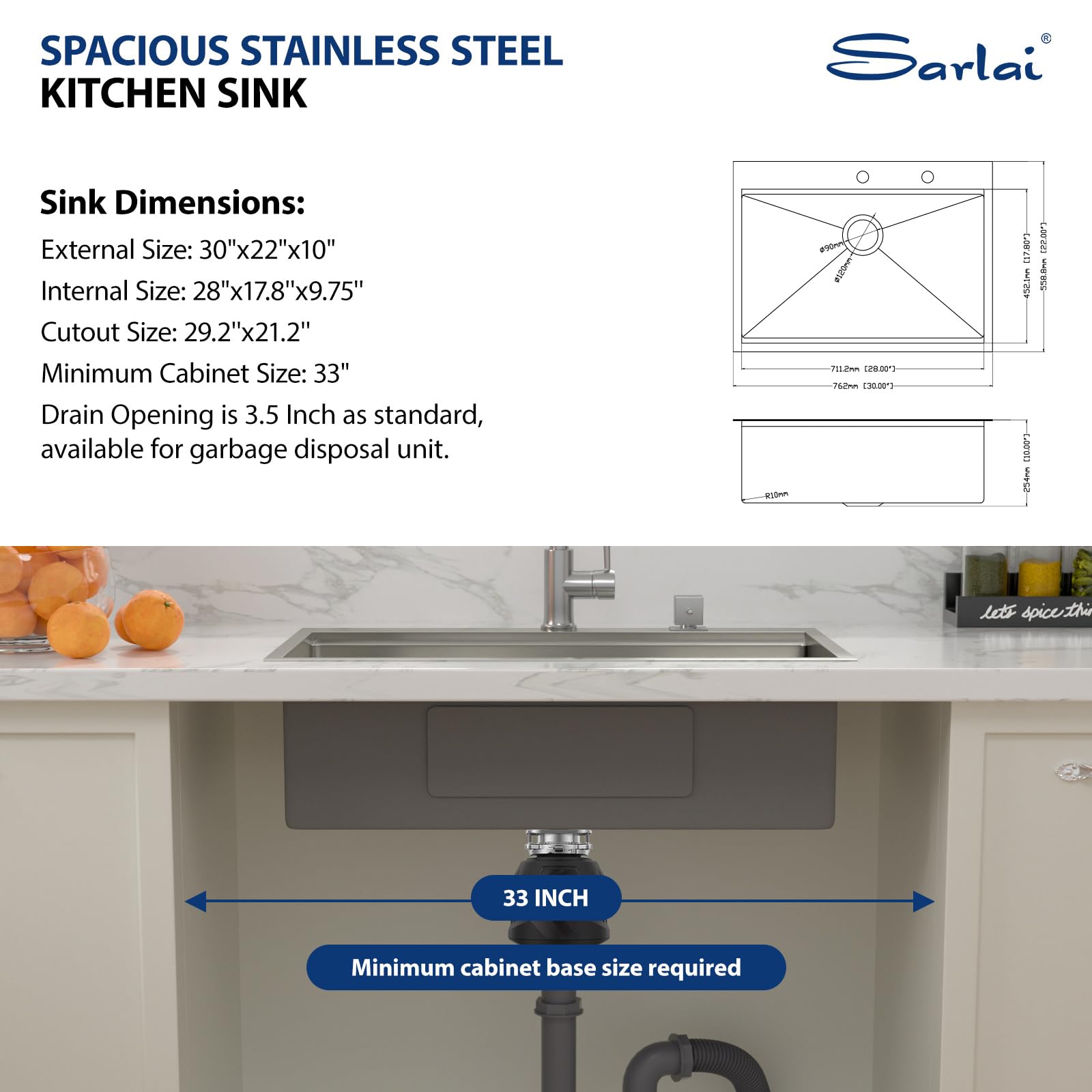 Sarlai 30in Drop-In Single Bowl Stainless Steel Workstation Kitchen Sink