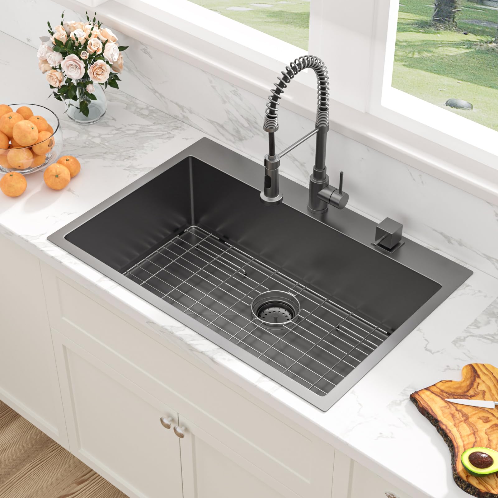 Sarlai 33x22 Inch Gunmetal Black Drop-in Single Bowl Stainless Steel Kitchen Sink