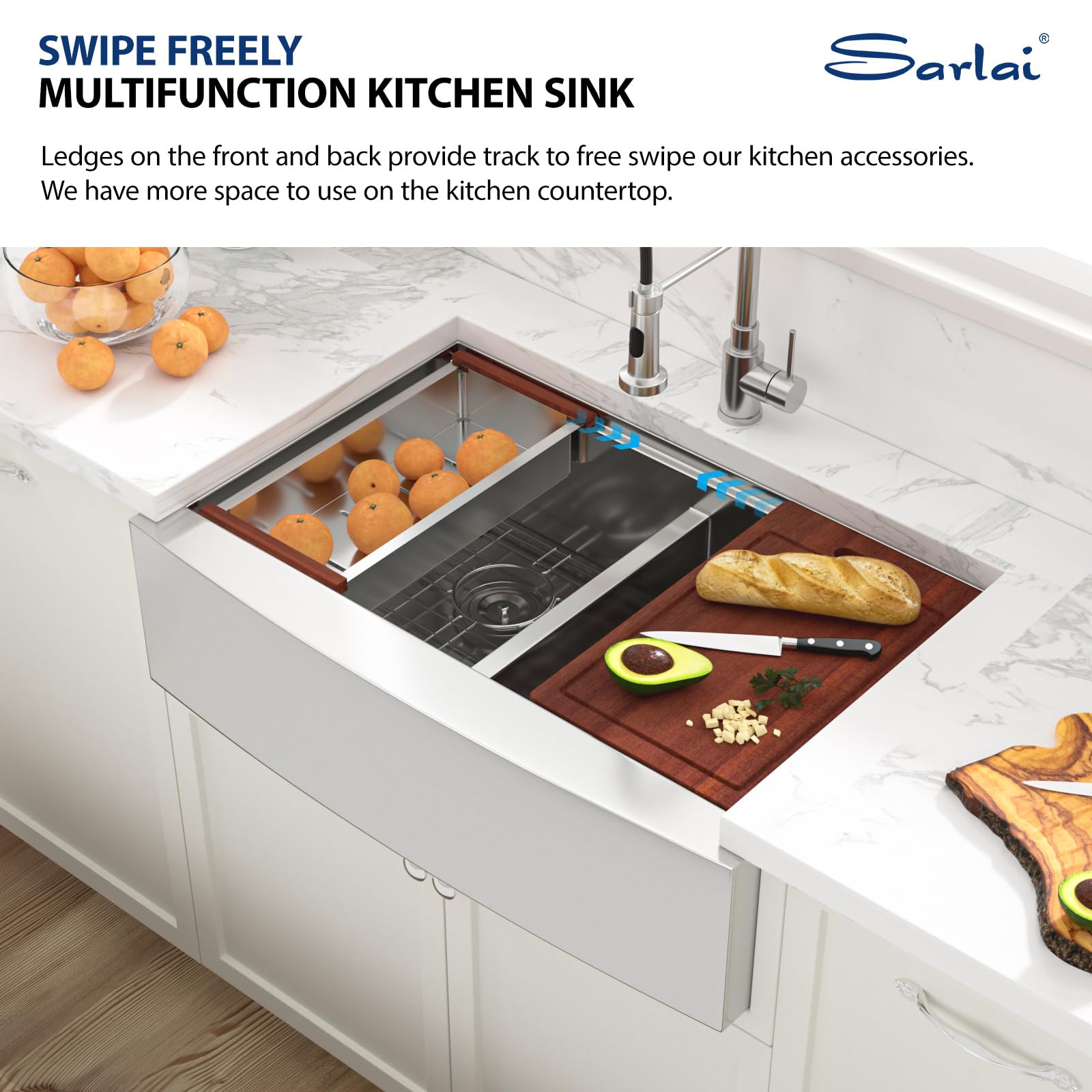 Sarlai 36in Double Bowl 50/50 Low Divide Apron Front Under Counter Stainless Steel Workstation Farmhouse Kitchen Sink