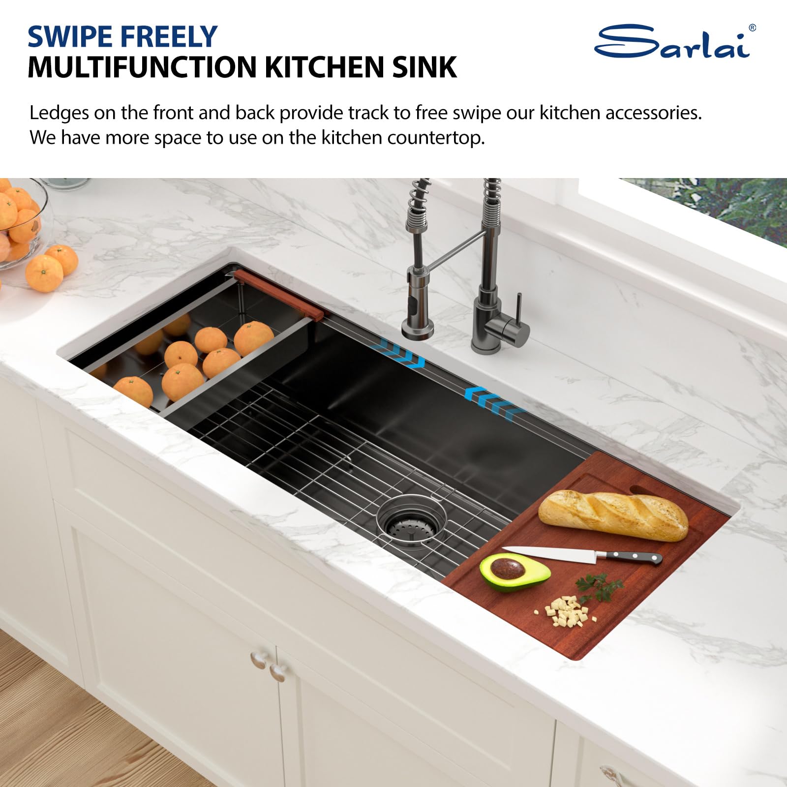 Sarlai 45'' Gunmetal Black NANO-PVD Undermount Workstation Kitchen Sink, 16 Gauge Stainless Steel Round Corner Single Bowl Basin