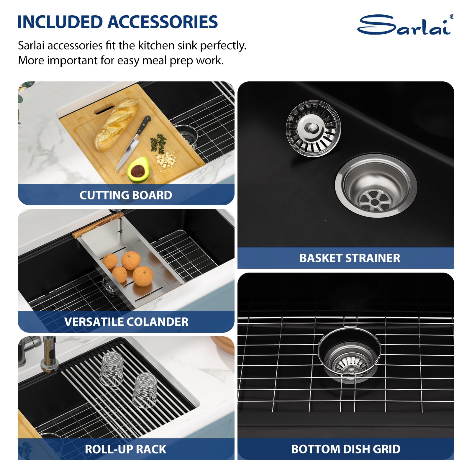 Sarlai 33in Black Granite Composite Undermount Single Bowl Workstation Kitchen Sink