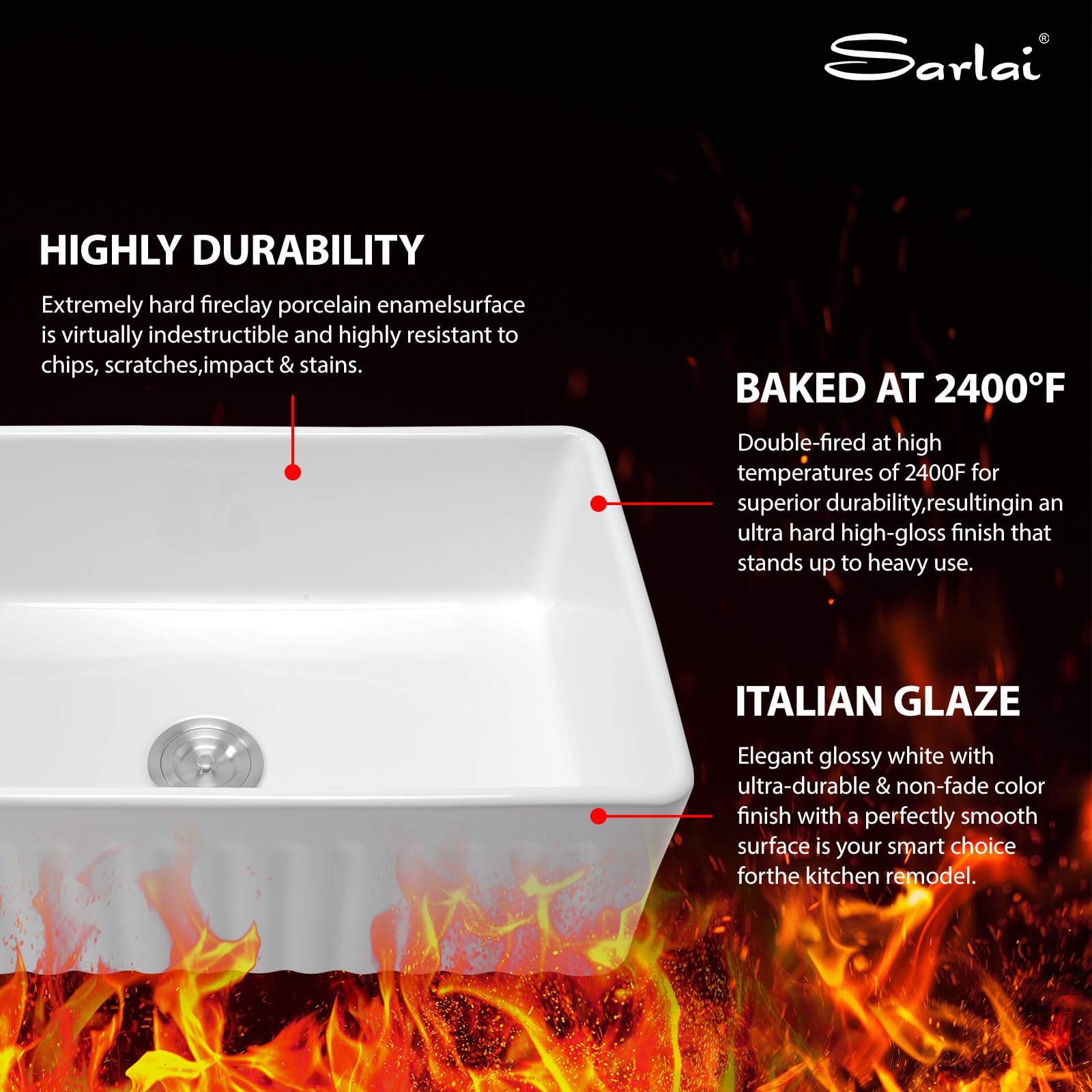 Sarlai 33''x18'' Reversible Apron Front White Fireclay Farmhouse Sink, Single Bowl Undermount Ceramic Kitchen Farmer Basin