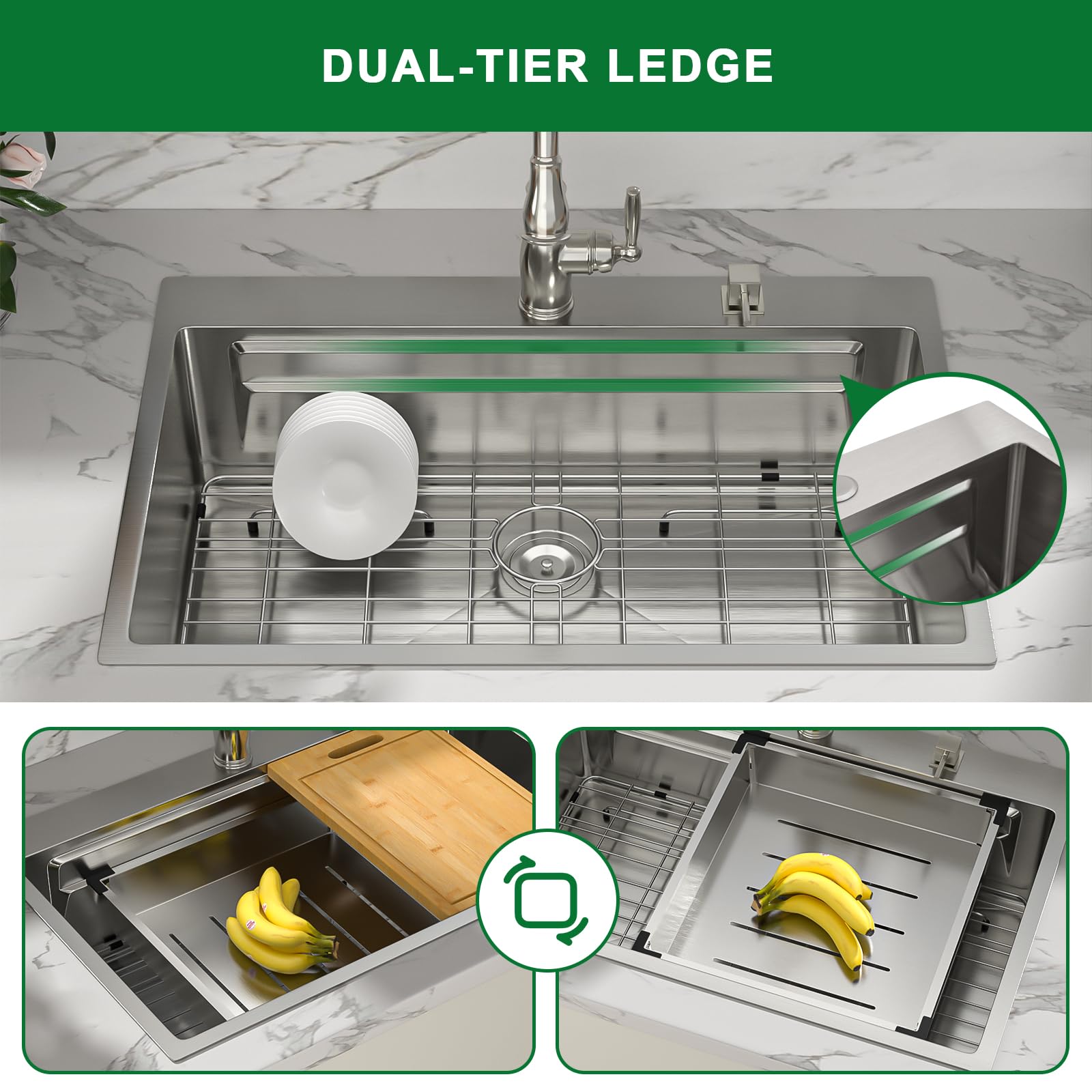 Sarlai 33'' x 22'' Drop In Double Ledges Design Workstation Kitchen Sink