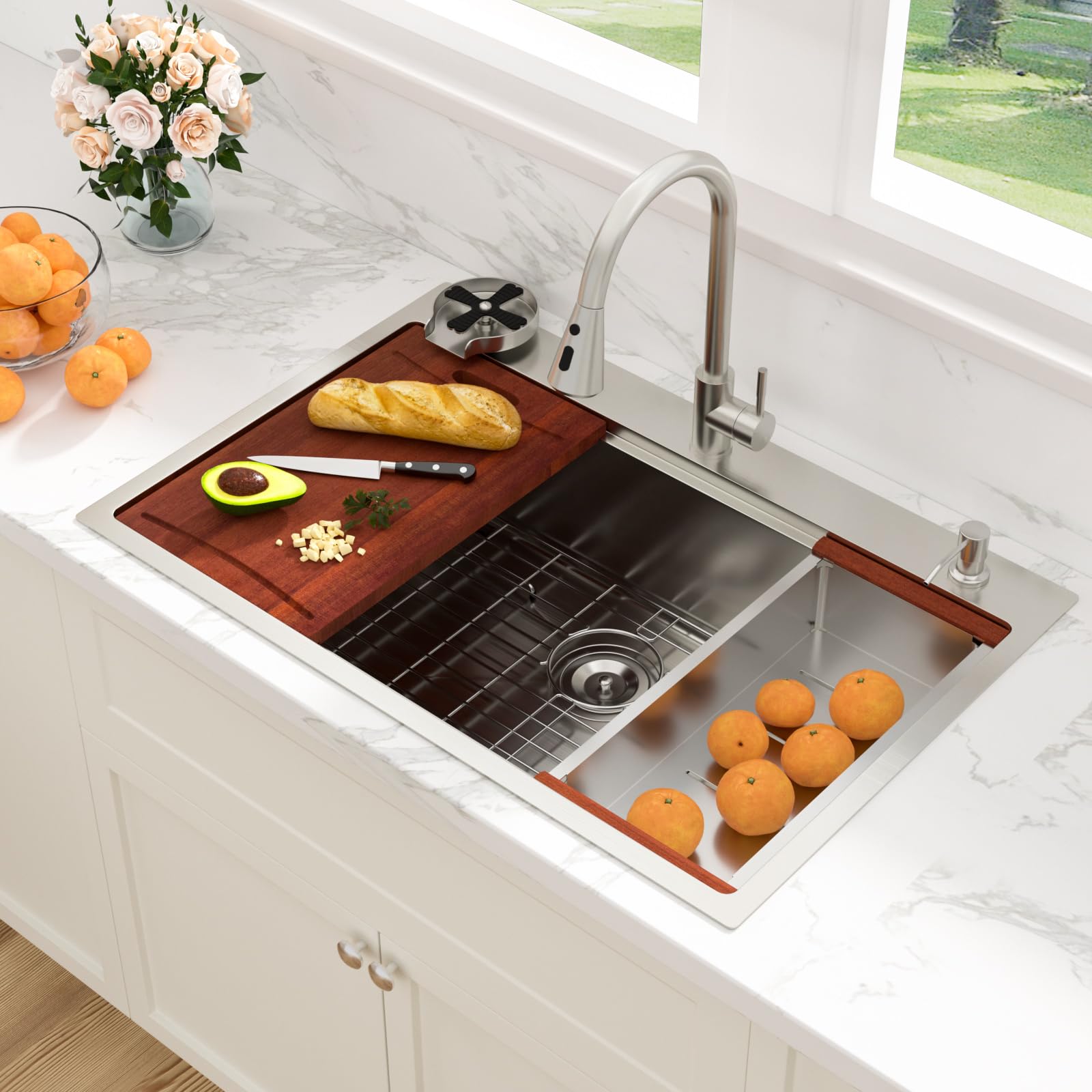 Sarlai 33''x22'' Drop-In Workstation Stainless Steel Sink, 16 Gauge Topmount Single Bowl with Cup Rinser, Soap Dispenser & Kitchen Faucet Secondary image