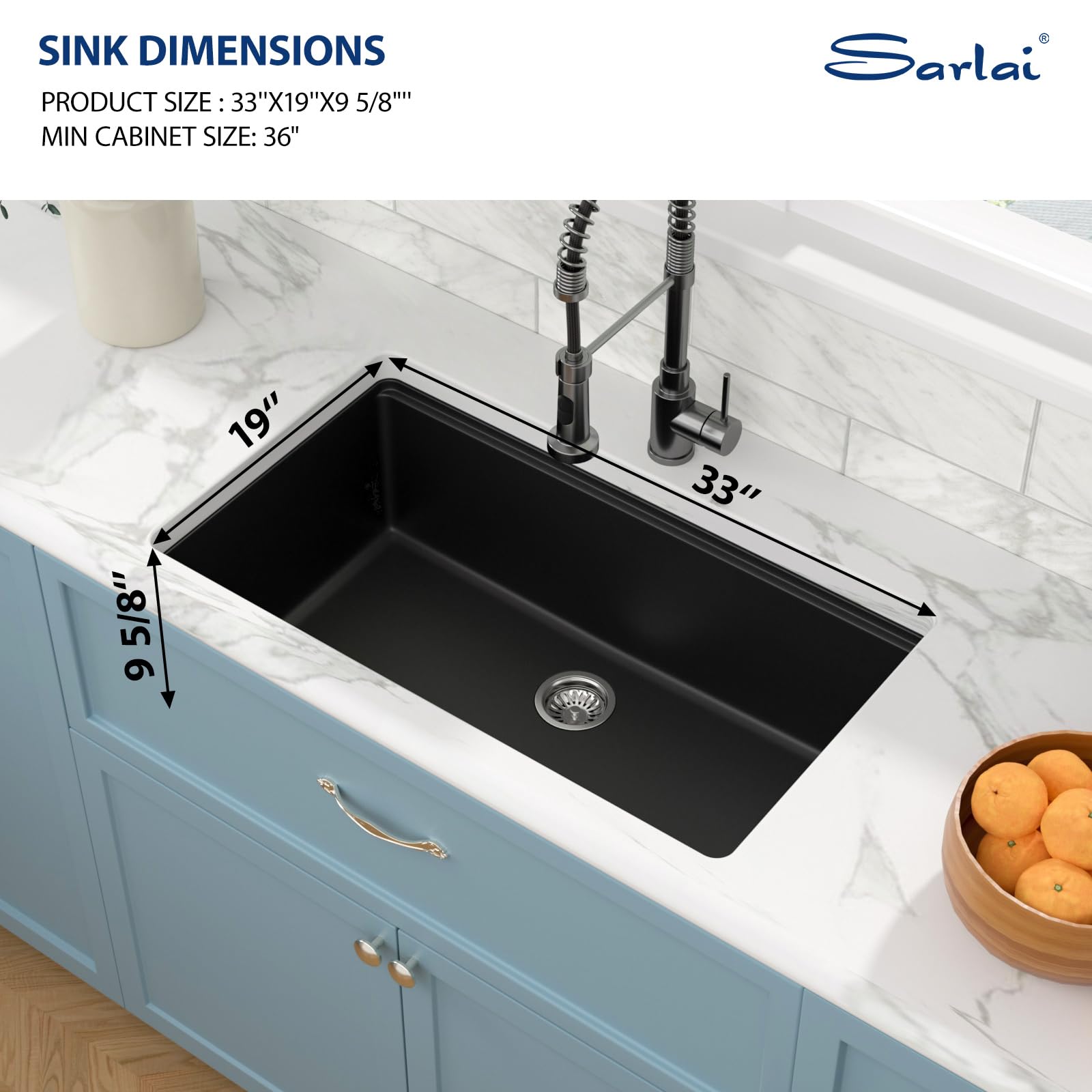 Sarlai 33in Black Granite Composite Undermount Single Bowl Workstation Kitchen Sink