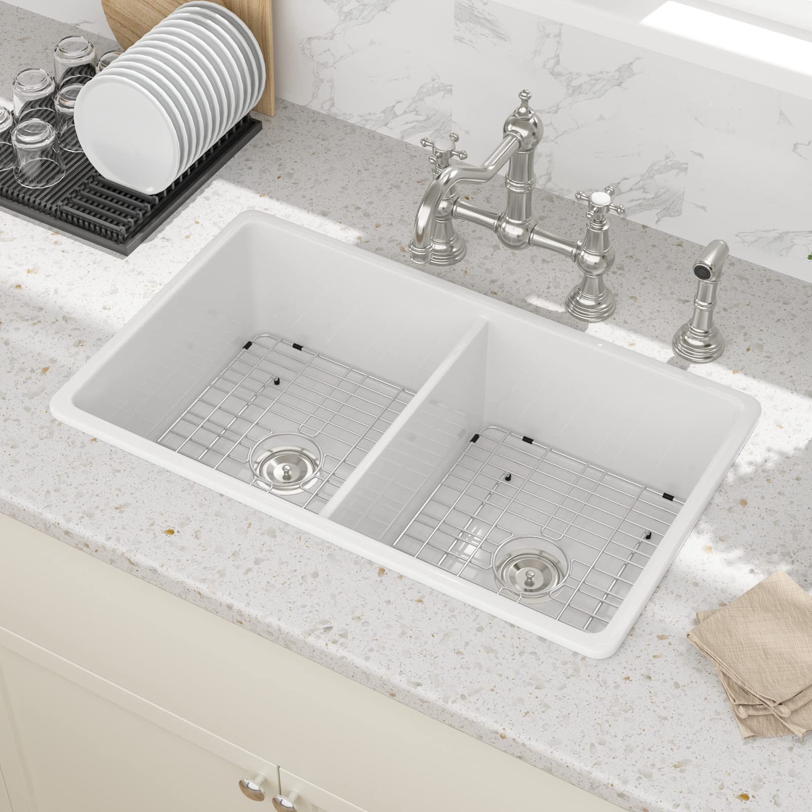 Sarlai 32 White Undermount Kitchen Sink Double Bowl - 32 Inch Drop Kitchen Sink Double Basin 50/50 Divide White Porcelain Ceramic Fireclay Undermount Drop/Undermount Kitchen Sinks Basin