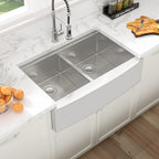 Sarlai 36in Double Bowl 50/50 Low Divide Apron Front Under Counter Stainless Steel Workstation Farmhouse Kitchen Sink