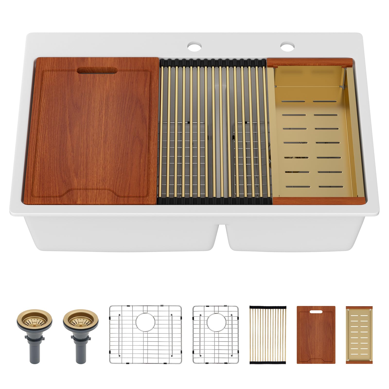 Sarlai 33''x22'' 60/40 Low Divide Double Bowl White Granite Composite Kitchen Sink, Drop-In Ledge Workstation Quartz Composite Above Counter Basin with Gold Accessories Main image