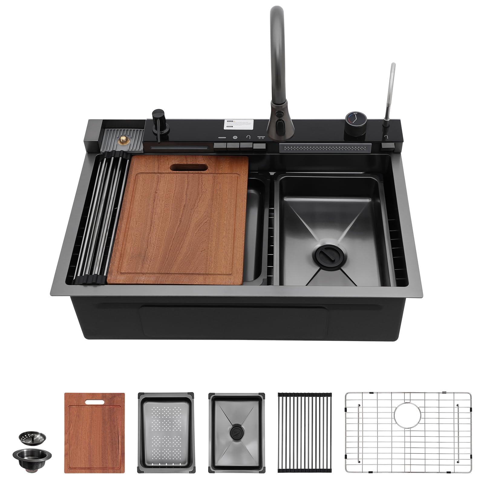 Sarlai 3'' Digital Display Drop In Waterfall Single Bowl Stainless Steel Workstation Kitchen Sink