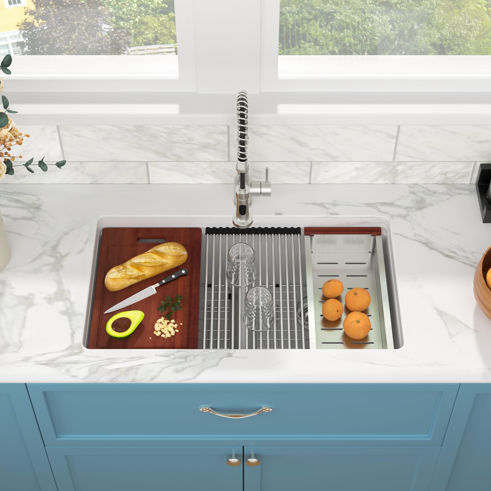 Sarlai 33''x19'' 50/50 Low Divide Double Bowl White Granite Composite Kitchen Sink, Undermount Ledge Workstation Quartz Classic Under Counter Basin