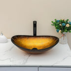 Sarlai 21''x14'' Boat Shape Bathroom Vessel Sink, Modern Artistic Tempered Glass Countertop Basin for Lavatory Vanity Cabinet with Black Faucet & Pop-up Drain Set
