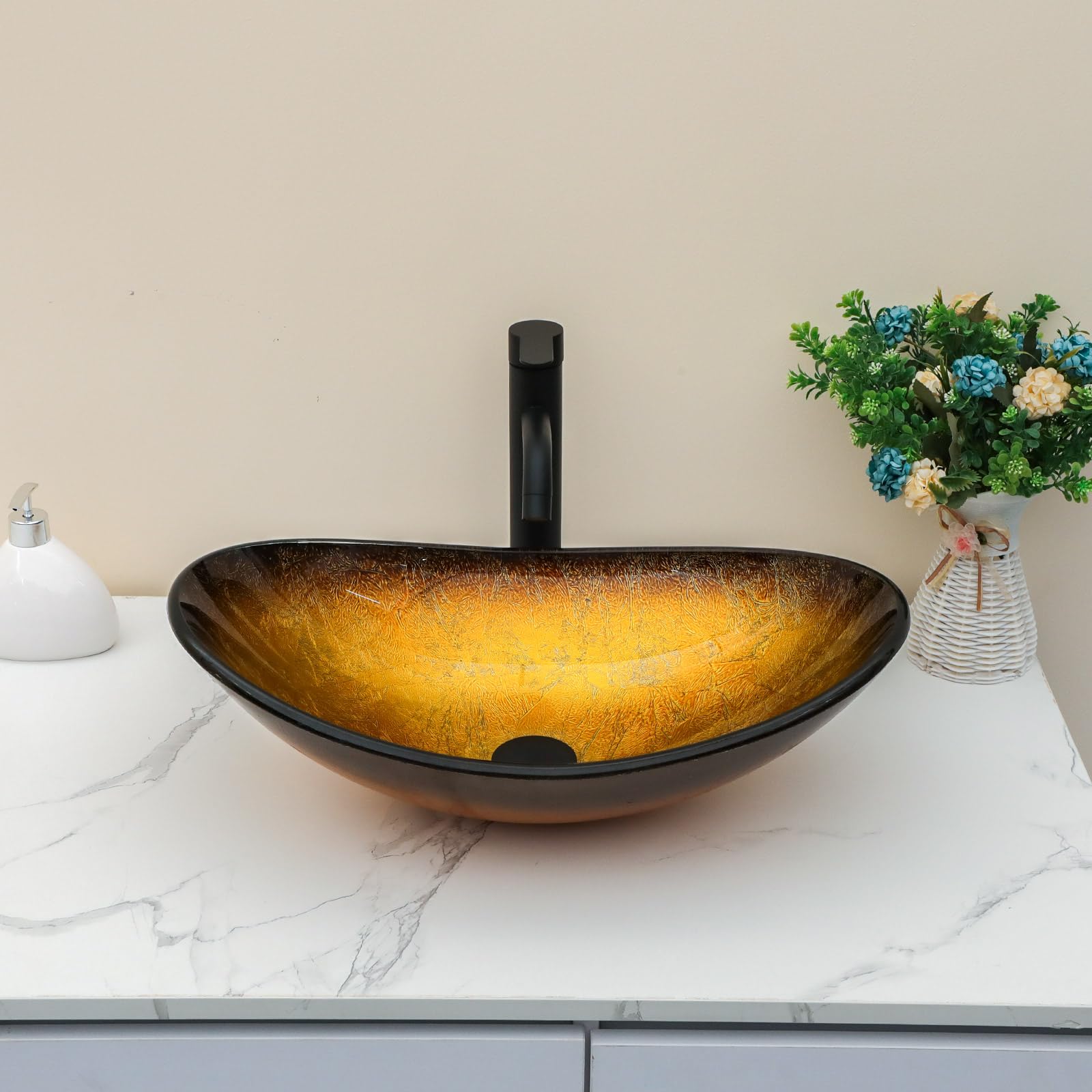 Sarlai 21''x14'' Boat Shape Bathroom Vessel Sink, Modern Artistic Tempered Glass Countertop Basin for Lavatory Vanity Cabinet with Black Faucet & Pop-up Drain Set