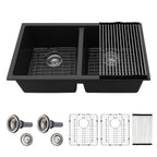 Sarlai 33''x19'' 50/50 Double Bowl Matte Black Granite Composite Kitchen Sink, Undermount Quartz Under Counter Basin with Complete Accessories