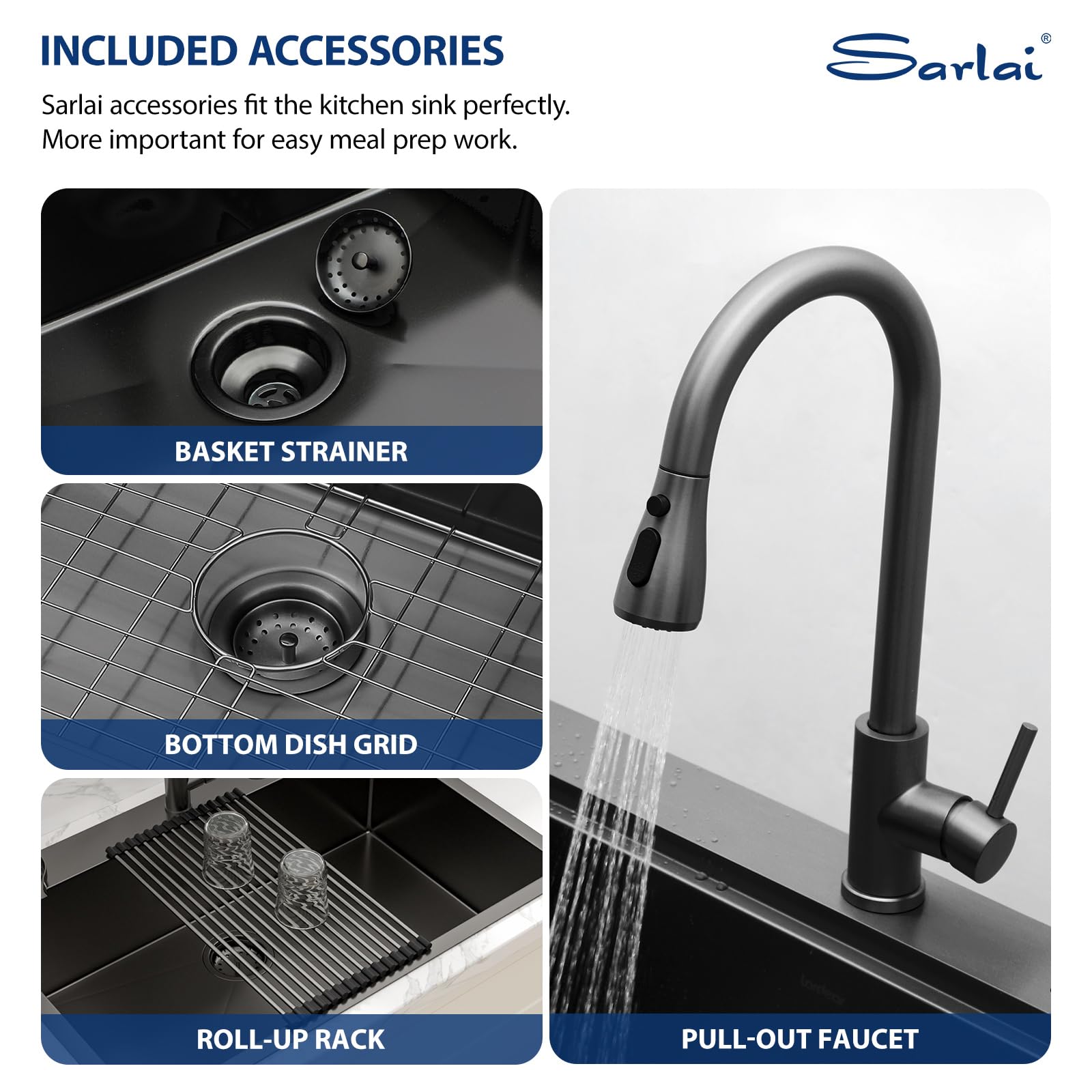 Sarlai 33''x22'' Gunmetal Black Drop-In Kitchen Sink, 16 Gauge Stainless Steel Topmount Single Bowl with Matching Kitchen Faucet