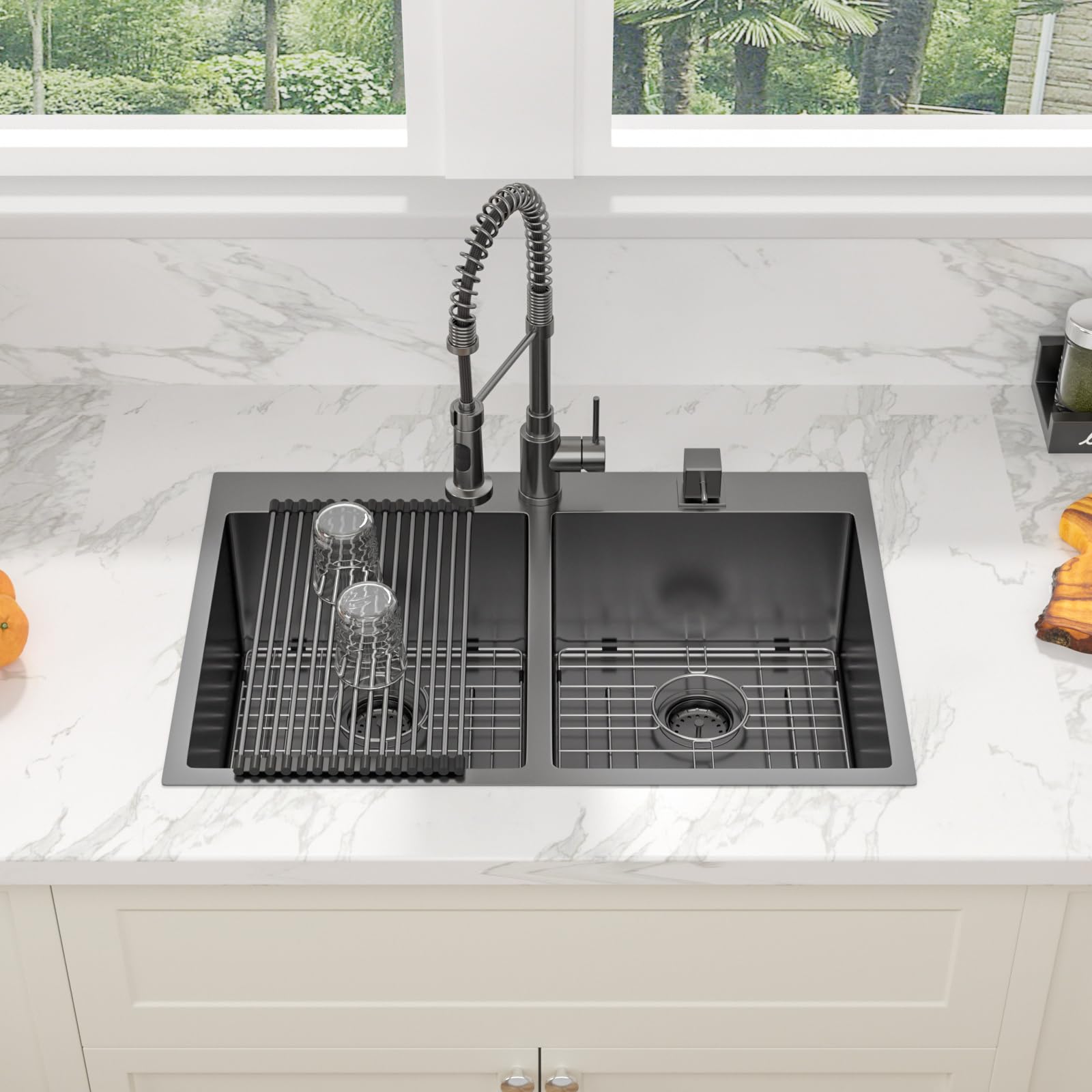 Sarlai 33in Double Bowl 50/50 Black Drop-in Stainless Steel Kitchen Sink