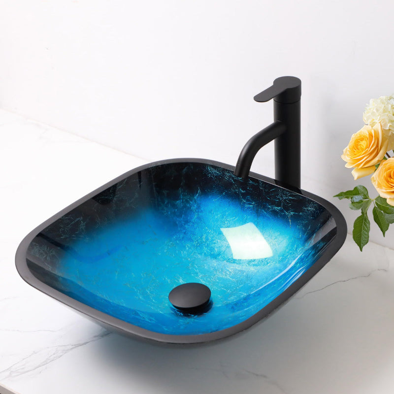 Sarlai Ocean Blue Tempered Glass Vessel Sink Combo with Matte Black Faucet & Drain Main image