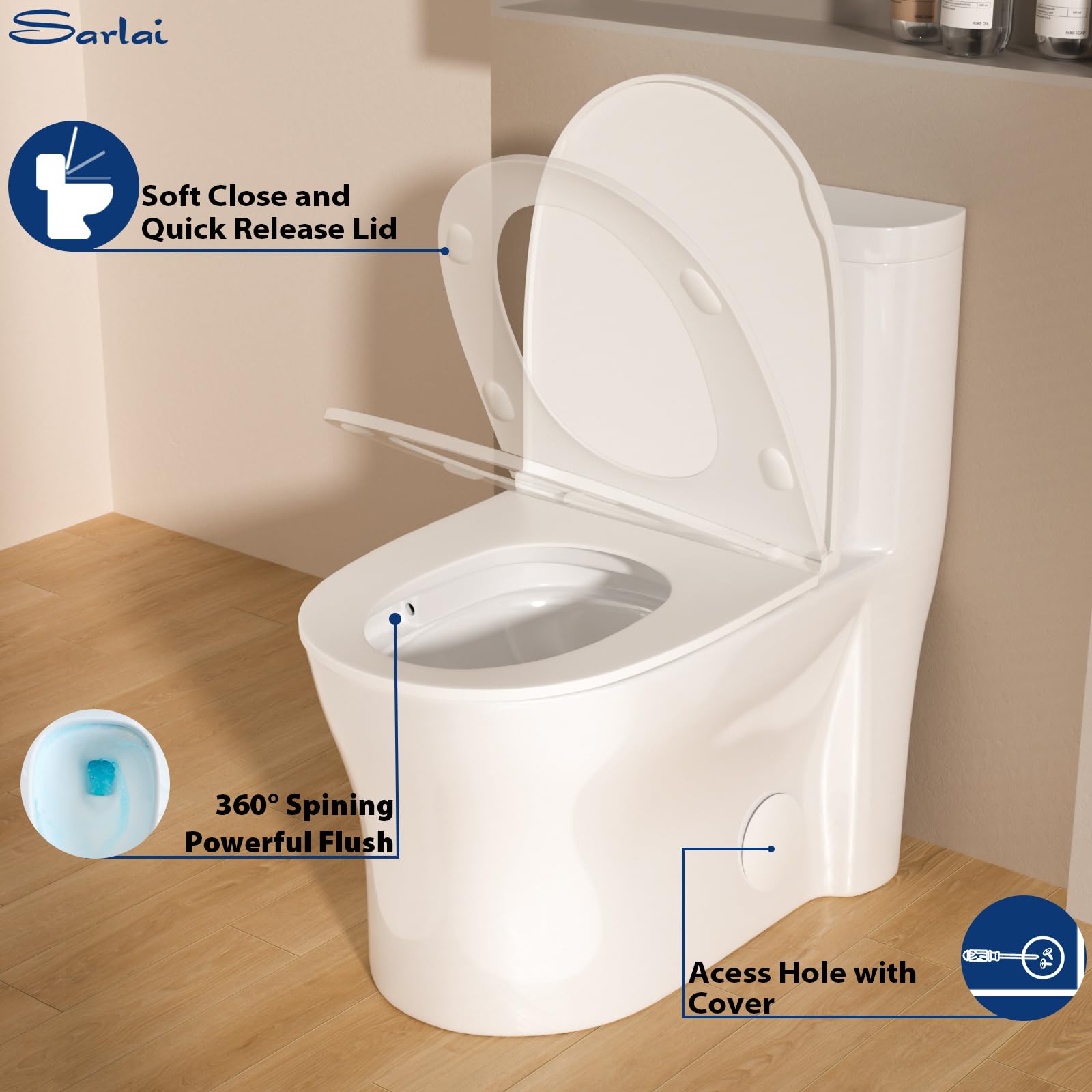 Sarlai One Piece Elongated ADA Height 17.3'' Comfort Chair Toilet, Dual Flush 1.1/1.6 GPF White Ceramic, 12'' Rough-In