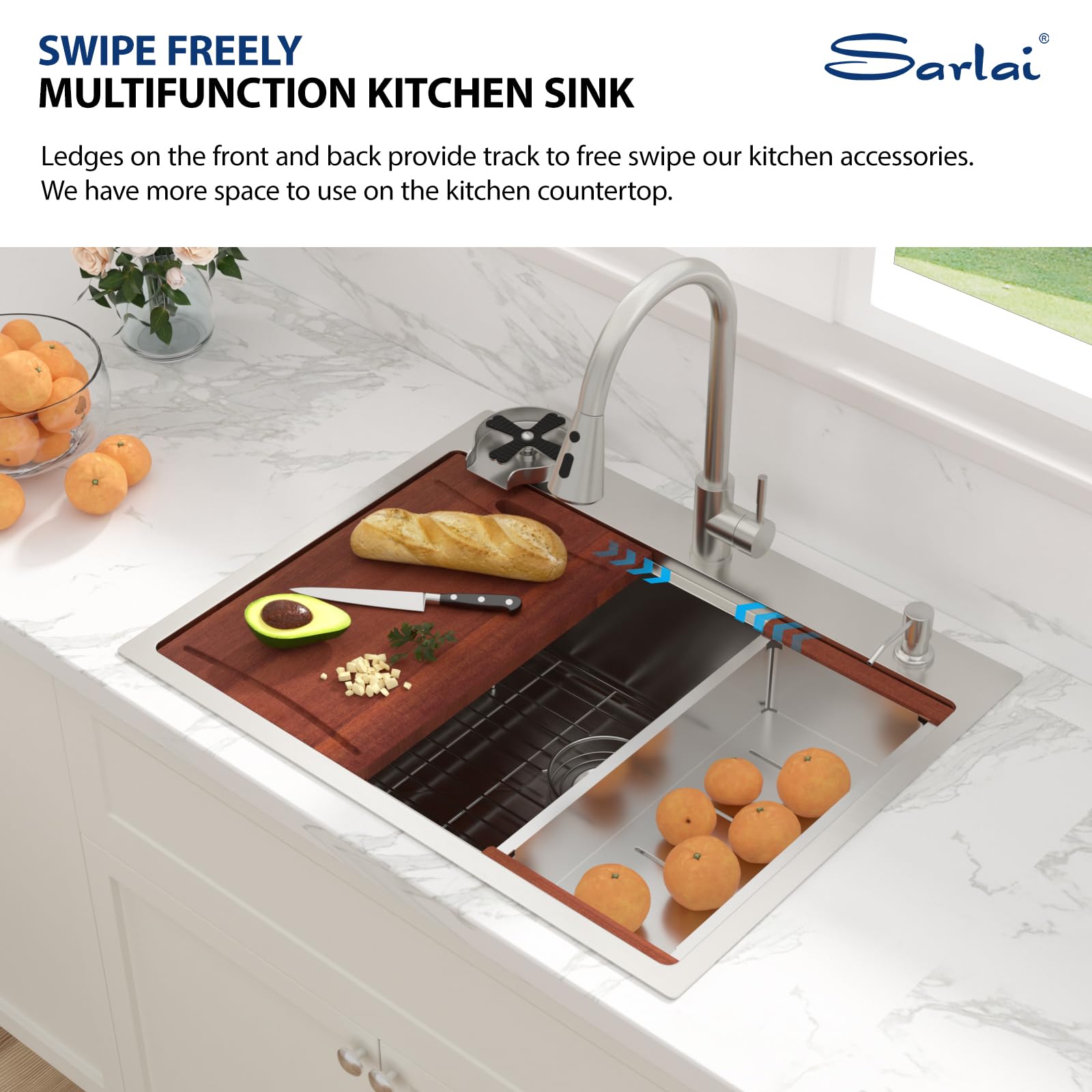 Sarlai 28''x22'' Drop-In Workstation Stainless Steel Kitchen Sink, 16 Gauge Topmount Single Bowl with Cup Rinser, Soap Dispenser & Faucet