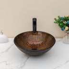 Sarlai 16.5''x16.5'' Brown Round Tempered Glass Bathroom Vessel Sink, Countertop Basin with Pop-up Drain Combo