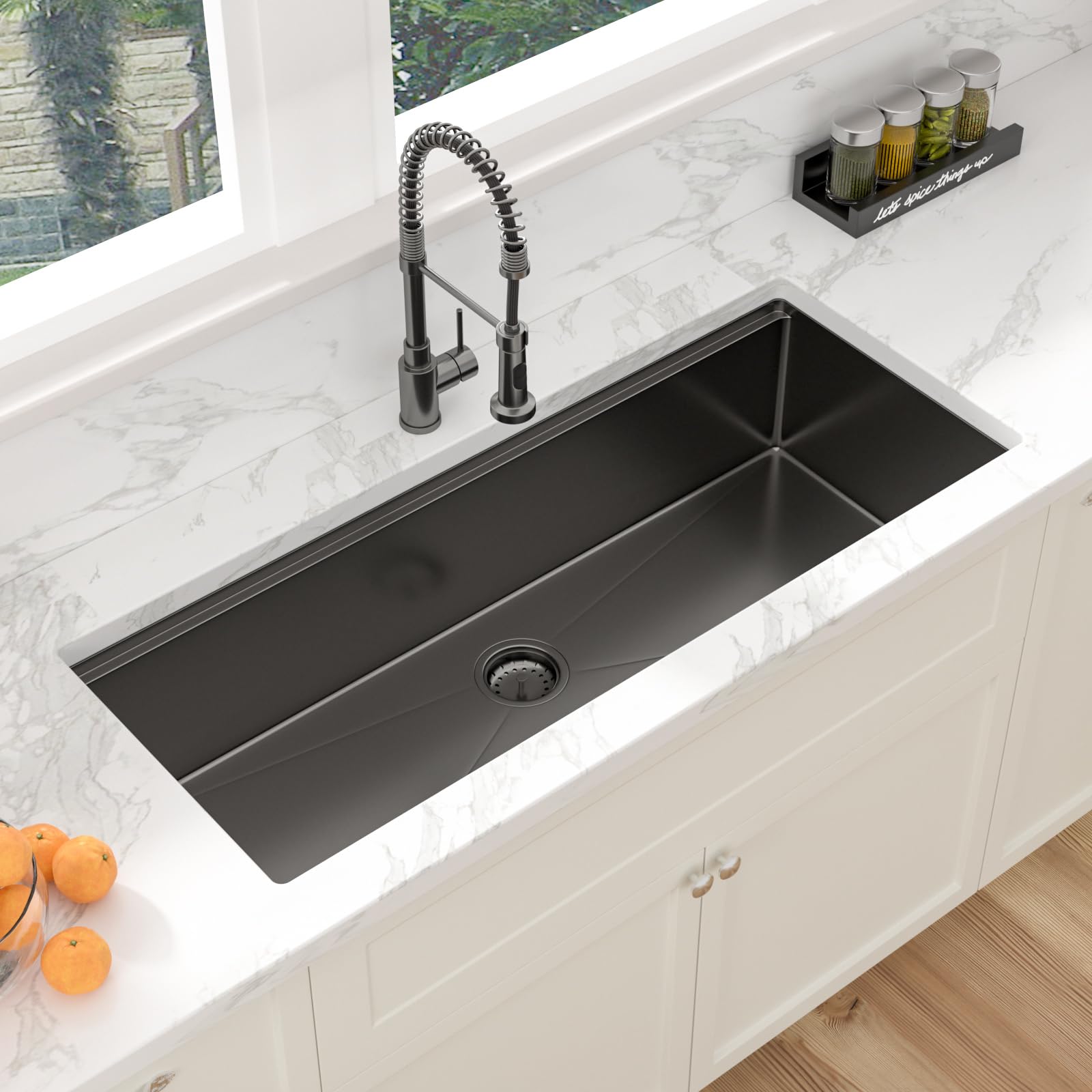 Sarlai 45'' Gunmetal Black NANO-PVD Undermount Workstation Kitchen Sink, 16 Gauge Stainless Steel Round Corner Single Bowl Basin