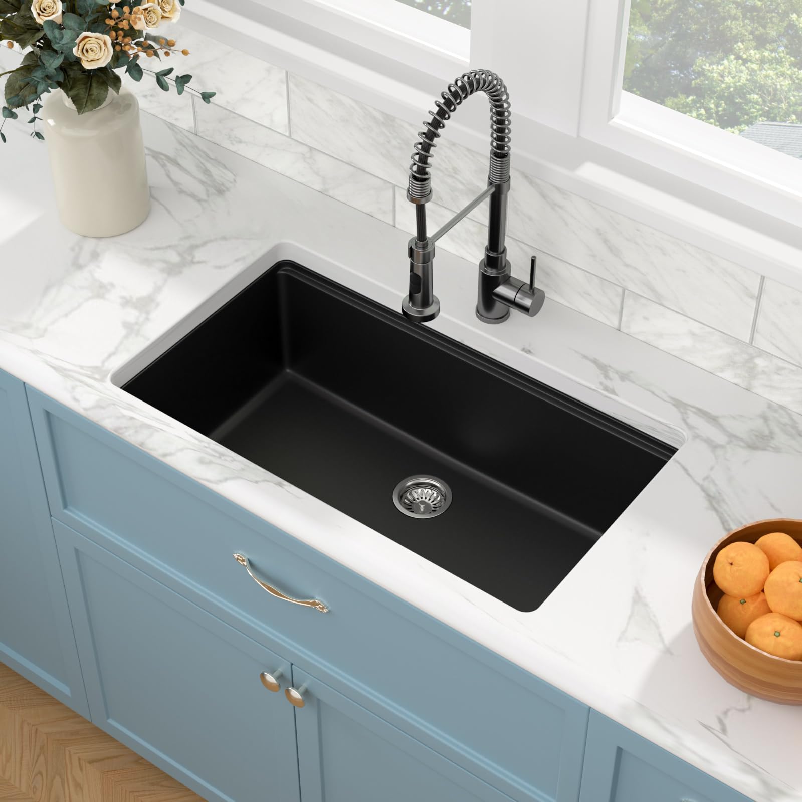 Sarlai 33in Black Granite Composite Undermount Single Bowl Workstation Kitchen Sink