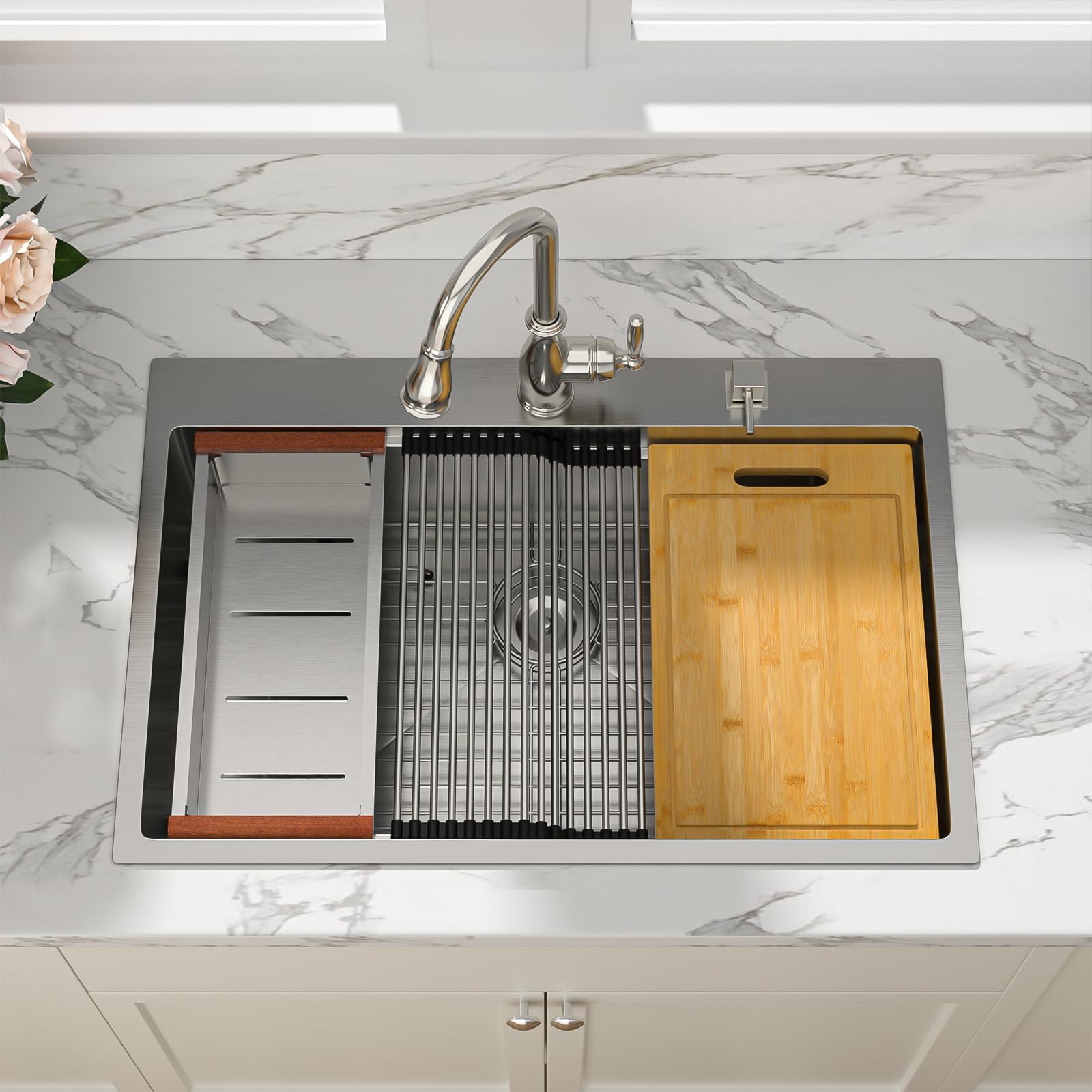 Sarlai 33'' x 22'' Drop In Single Bowl Stainless Steel Workstation Kitchen Sink with Z Shape Ledge