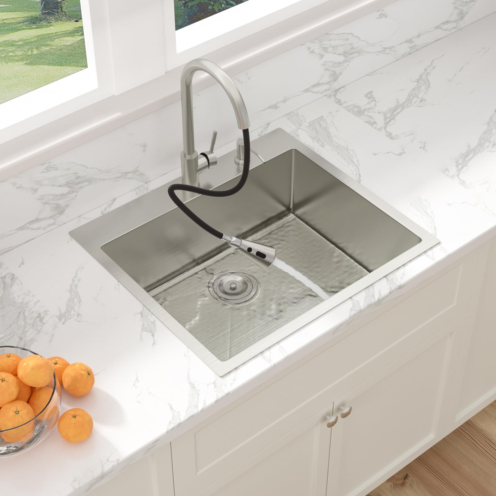 Sarlai 25''x22'' Deep Drop-In Stainless Steel Kitchen Sink, 16 Gauge Topmount Single Bowl with Cup Rinser, Soap Dispenser & Faucet