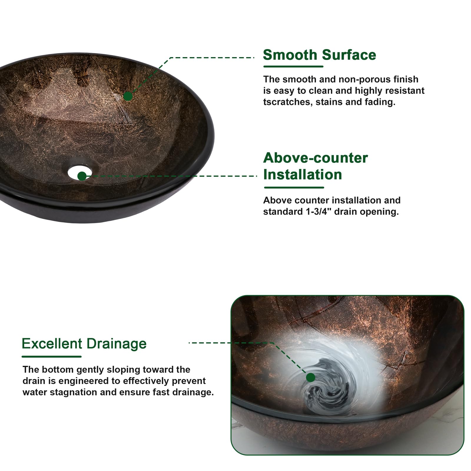 Sarlai Brown Round Tempered Glass Bathroom Vessel Sink, Countertop Basin with Faucet & Pop-up Drain Combo