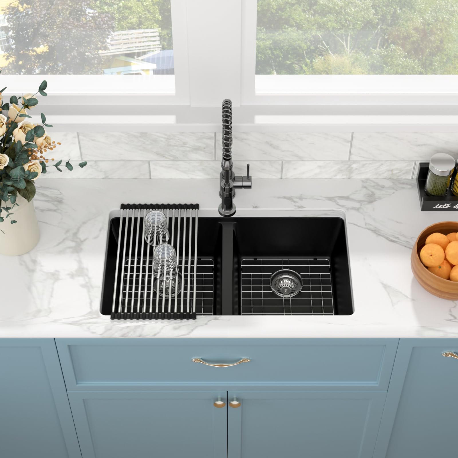 Sarlai 33''x19'' 50/50 Double Bowl Matte Black Granite Composite Kitchen Sink, Undermount Quartz Under Counter Basin with Complete Accessories