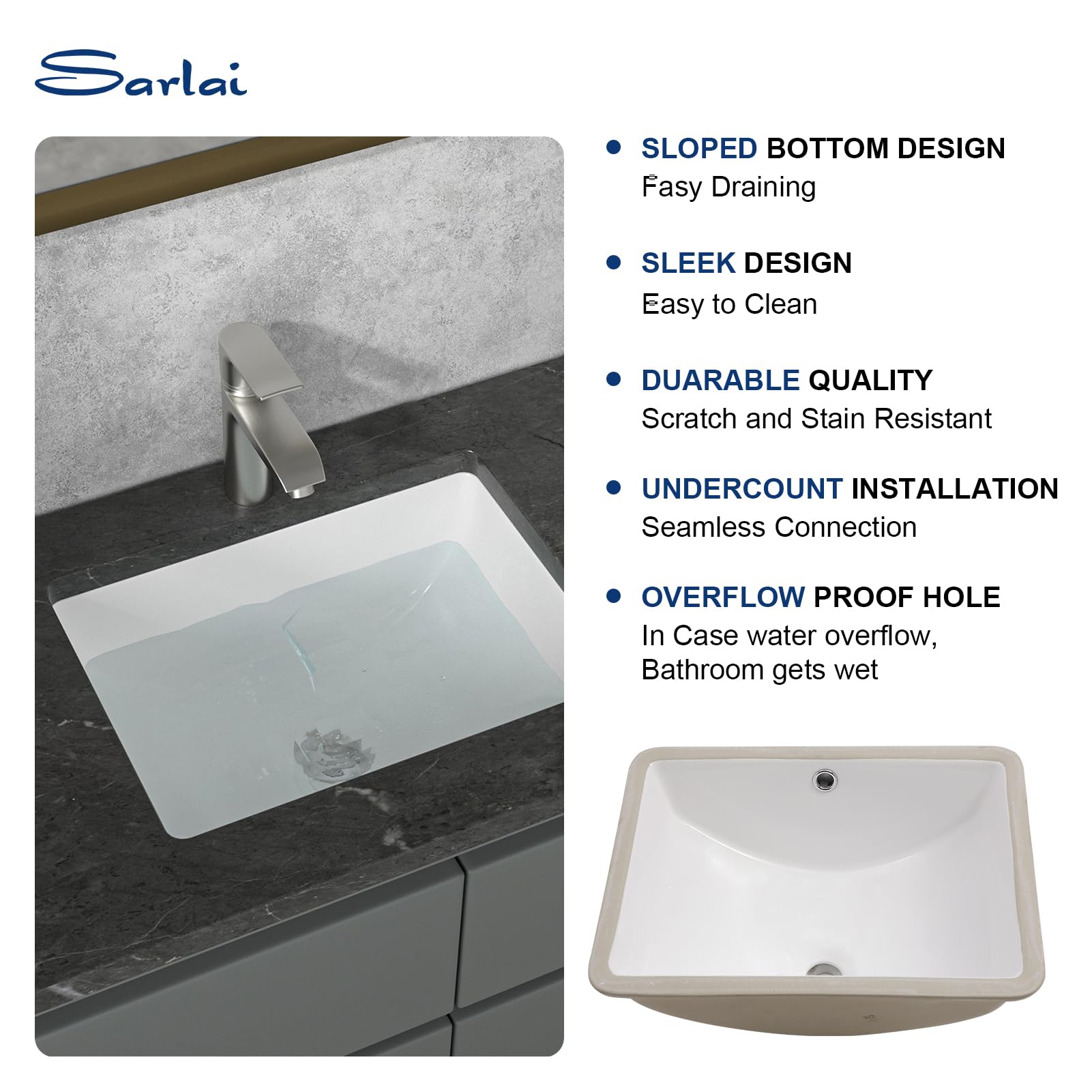 Sarlai 18'' x 14'' White Ceramic Undermount Rectangular Bathroom Sink