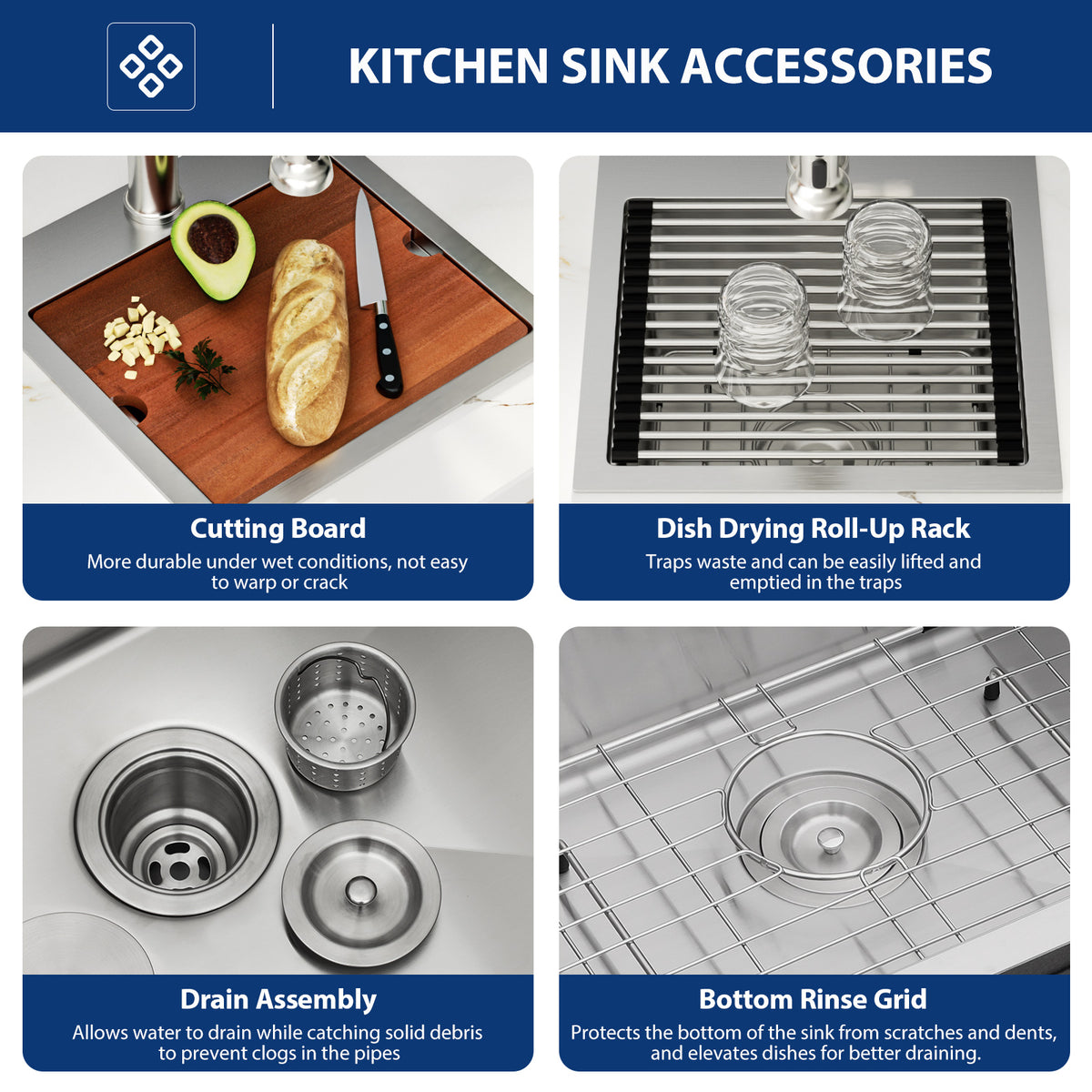 Sarlai 15''x15'' Drop In Workstation Bar Sink 16 Gauge SUS304 Stainless Steel Single Bowl Topmount Prep Sink with Accessories