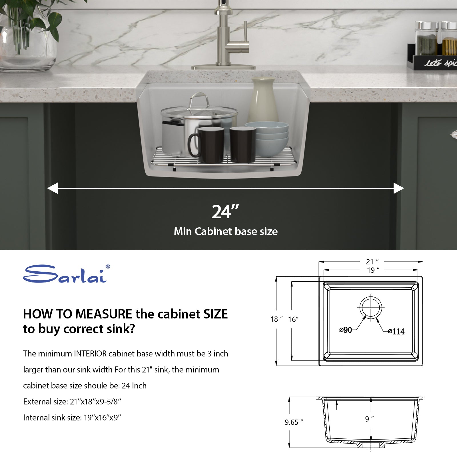 Sarlai 21'' White Quartz Composite Undermount Workstation Kitchen Sink Small Bar Prep