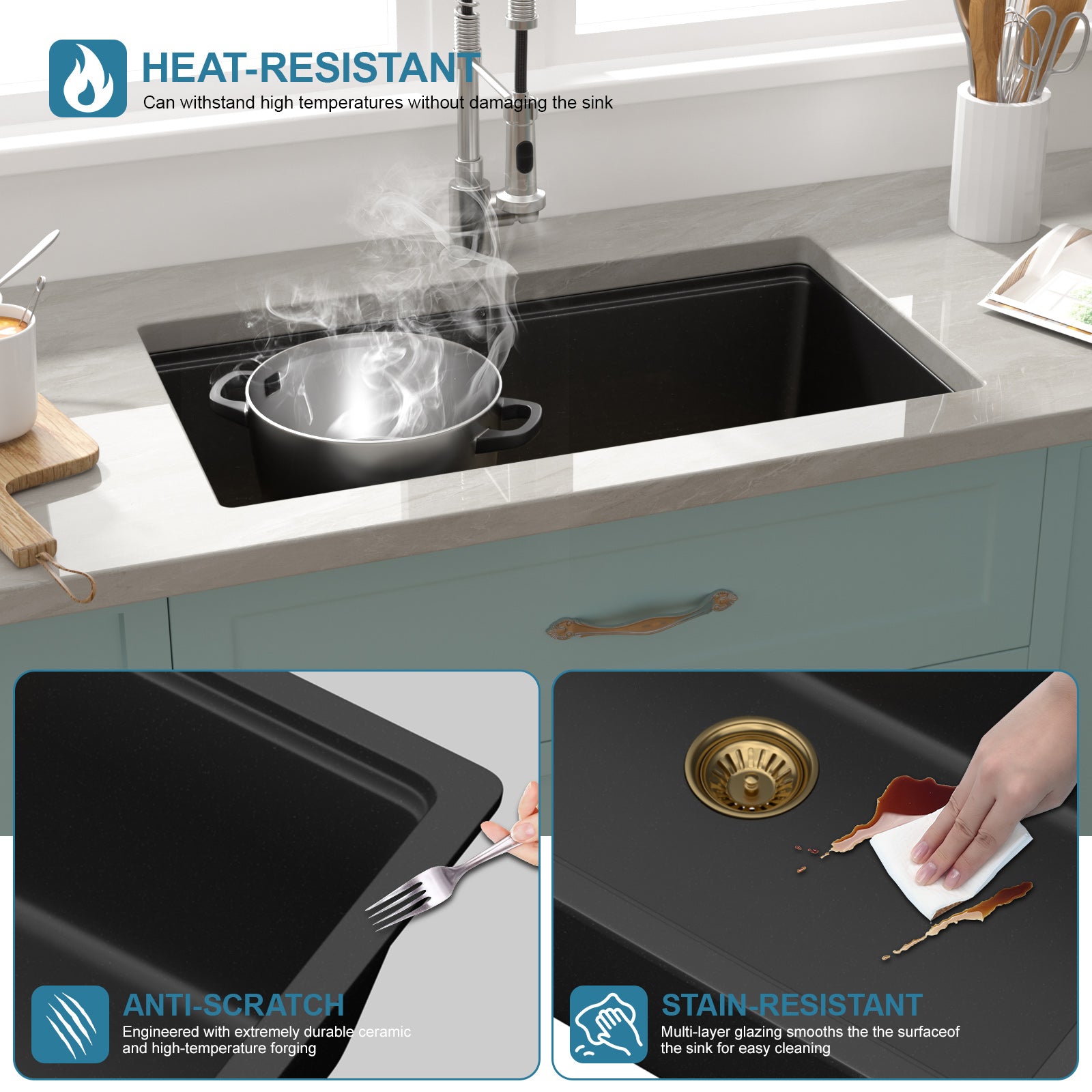 Sarlai 30in Black Quartz Composite Undermount Workstation Kitchen Sink
