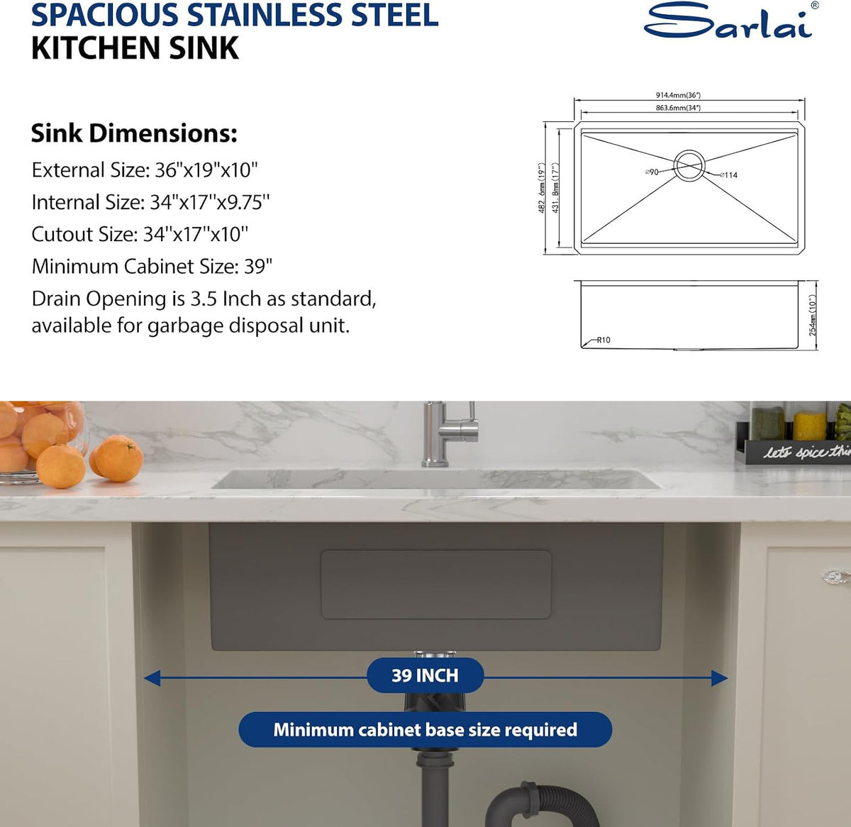 Sarlai 36 Inch Undermount Workstation Kitchen Sink 16 Gauge T304 Stainless Steel Single Bowl Sink