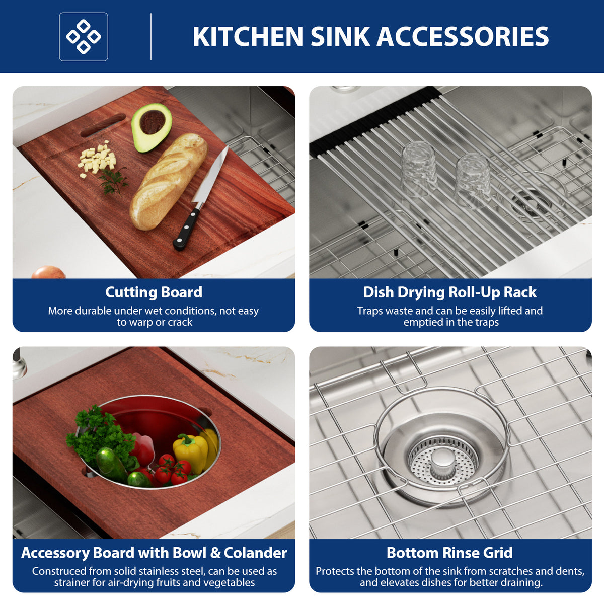 Sarlai 36in Undermount Workstation Sink - 16 Gauge 60/40 Double Bowl with Salad Prep Bowls