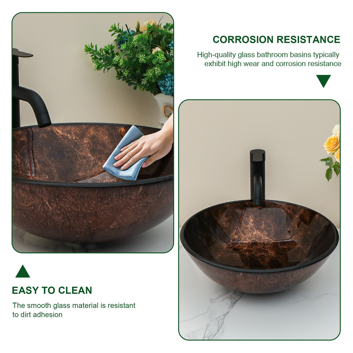 Sarlai 16.5''x16.5'' Round Brown Tempered Glass Vessel Sink Combo Black Faucet & Pop Up Drain