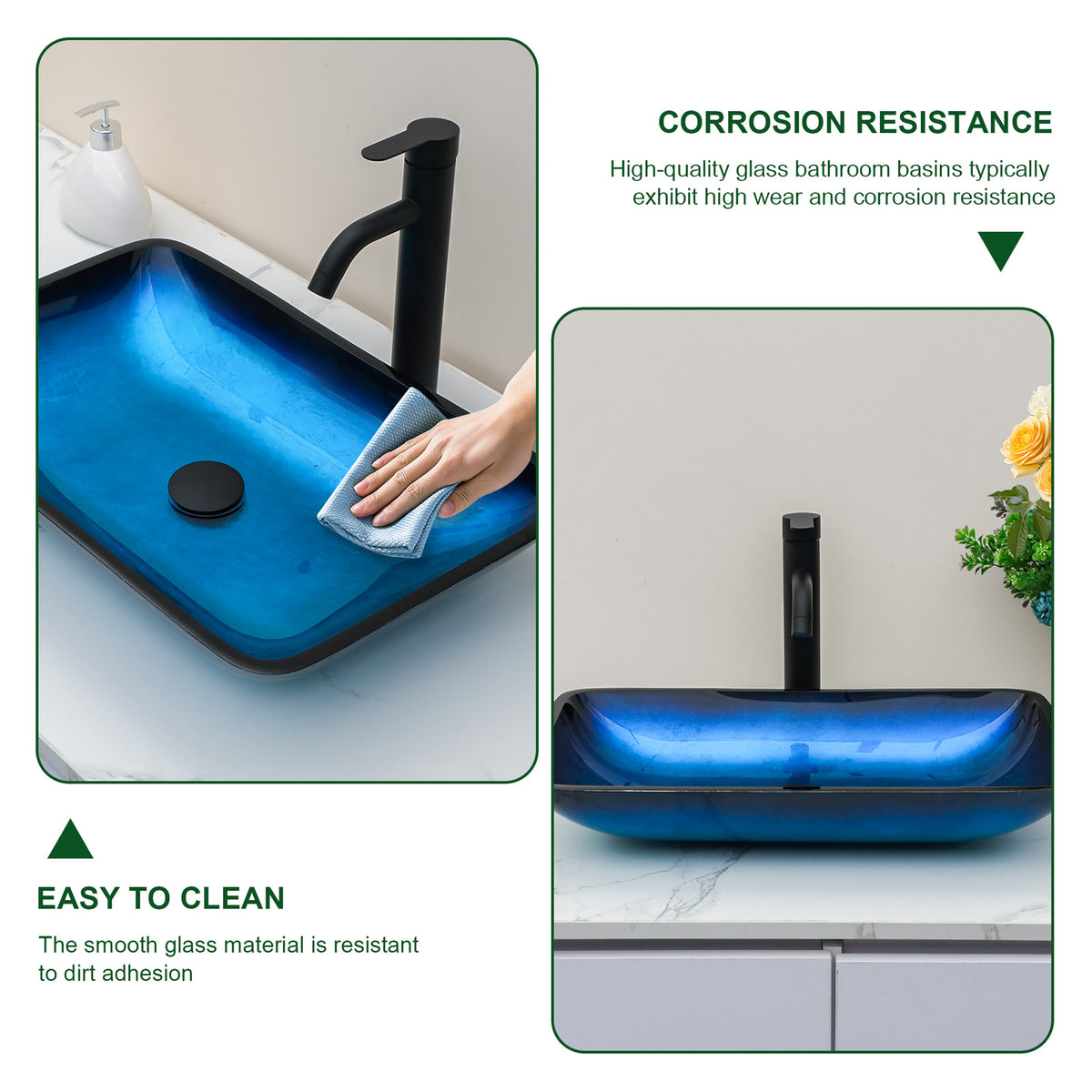 Sarlai 22''x14'' Rectangular Blue Tempered Glass Bathroom Vessel Sink with Black Pop Up Drain