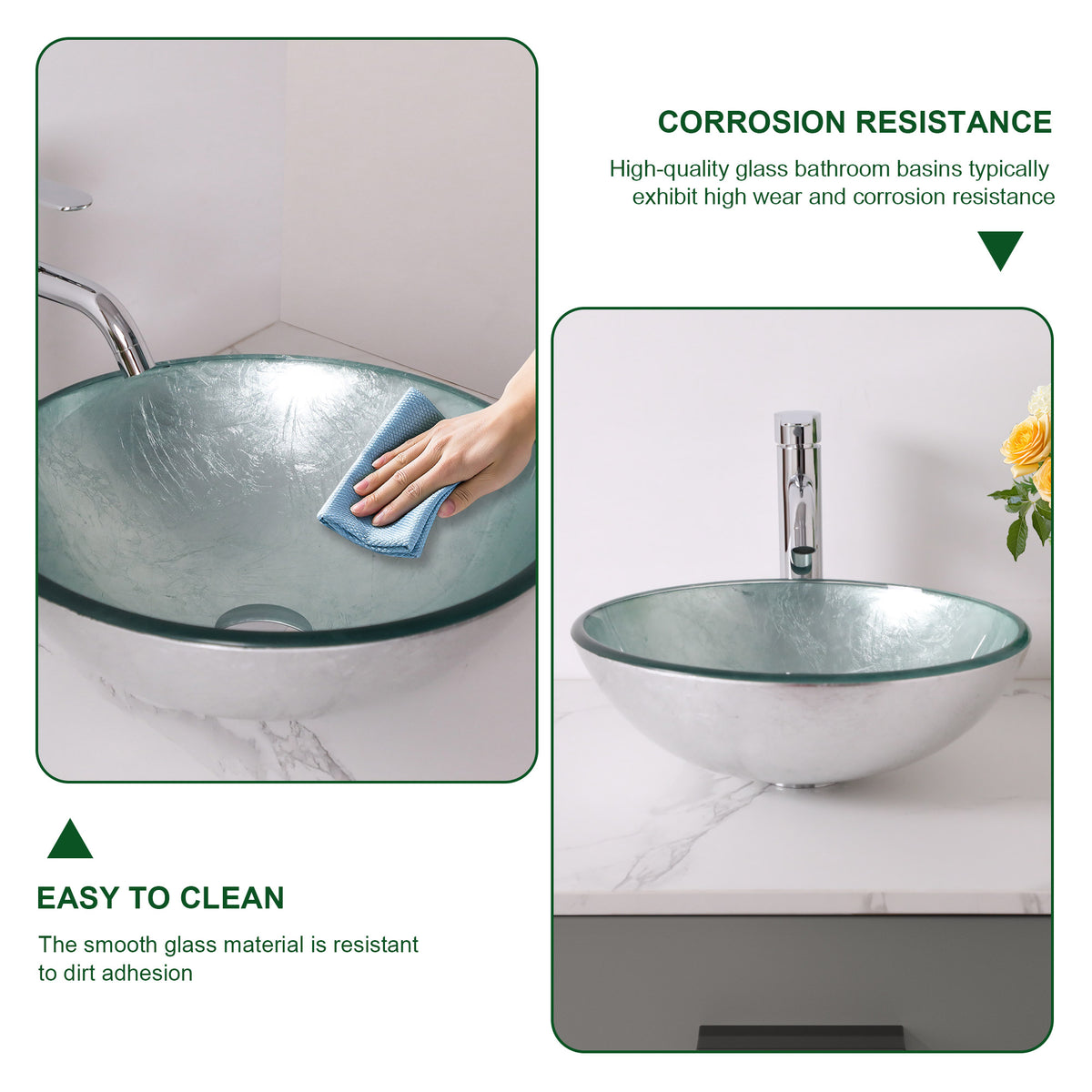 Sarlai 16 Inch Round Silver Foil Tempered Glass Vessel Sink Above Counter Bathroom Basin