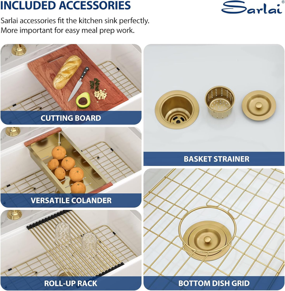 Sarlai 33 Inch White Curved Apron Fireclay Workstation Farmhouse Kitchen Sink with Gold Fixtures
