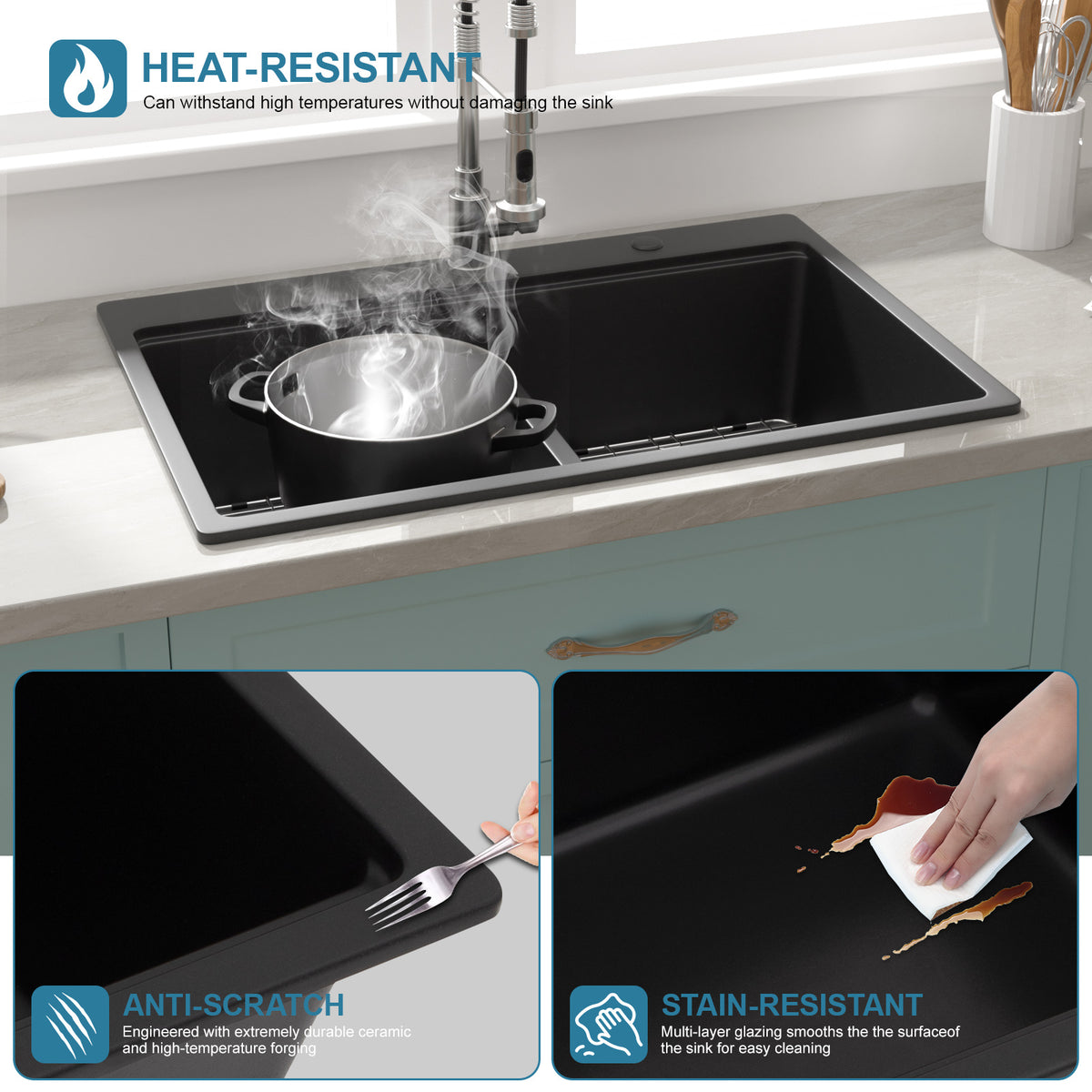 Sarlai 33" Drop-In Black Quartz Composite Workstation Kitchen Sink - 50/50 Double Bowl Low Divide Drop-In Topmount Granite Kitchen Sink with Cutting Board