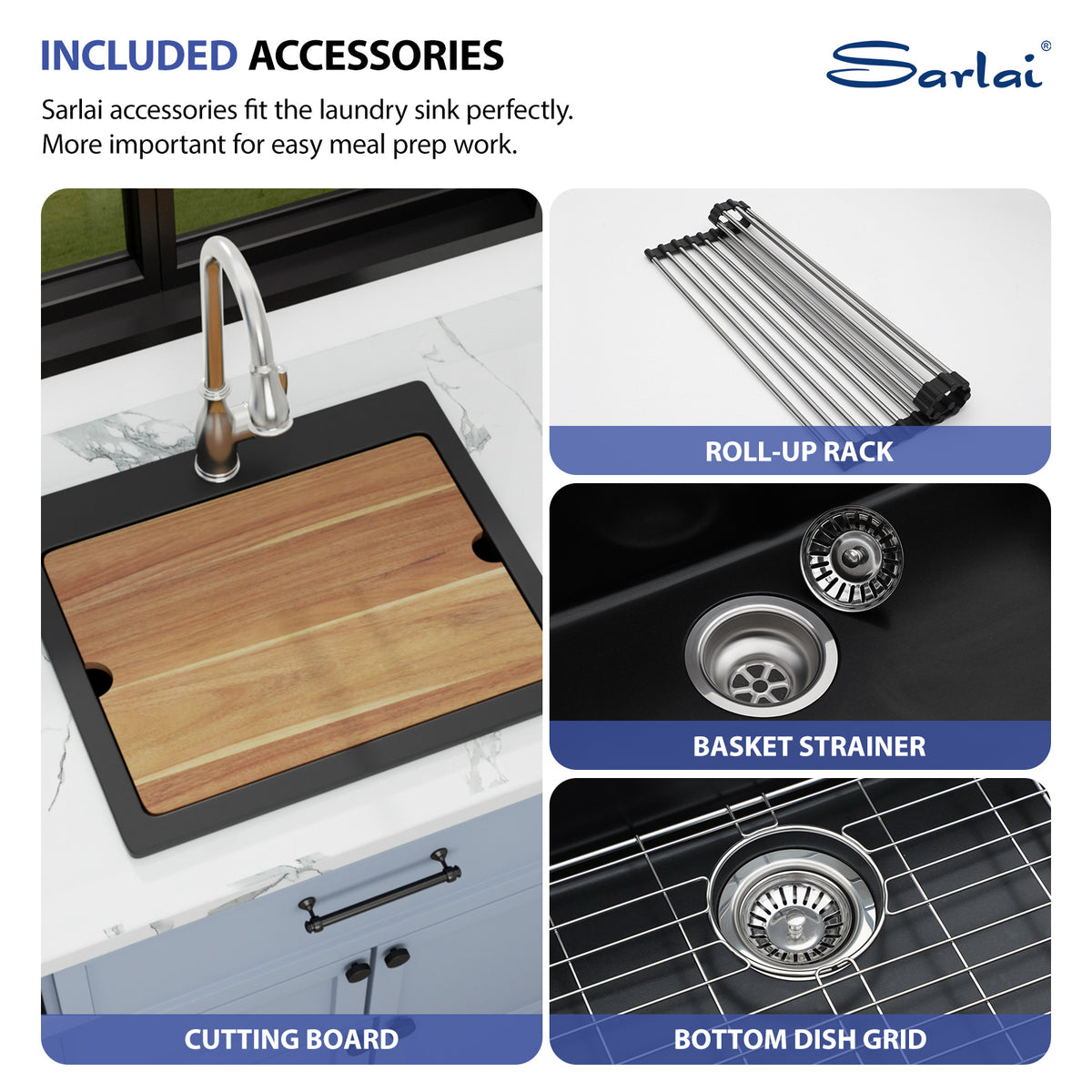 Sarlai 23''x20''Drop-In Quartz Laundry Sink Black Granite Composite Utility Workstation Sink