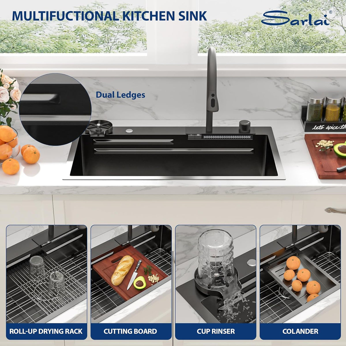Sarlai 33 Inch Gunmetal Black Waterfall Workstation Drop In Kitchen Sink with Faucet & Glass Rinser