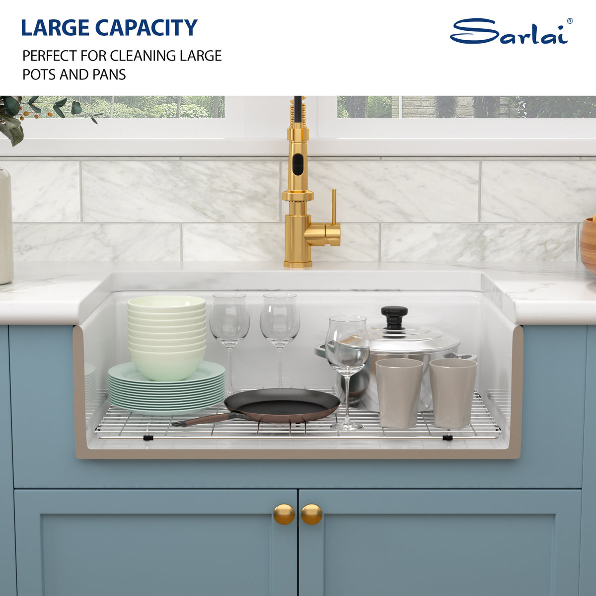 Sarlai 33''x20'' Inch White Curved Apron Fireclay Workstation Farmhouse Kitchen Sink Single Bowl